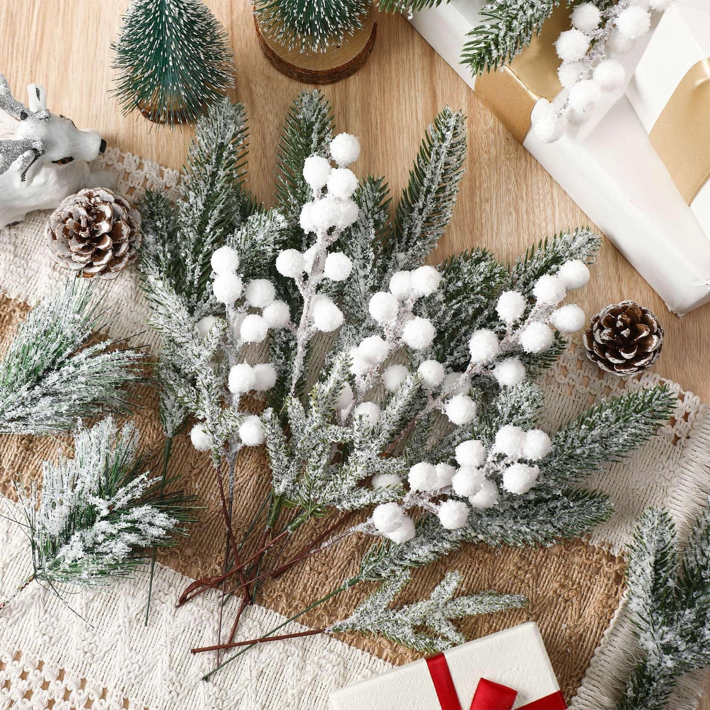 Lyrow 80 Pieces Christmas Snowy Pine Tree Picks Artificial Berry Stems Sprays Faux Cedar Pine Needles Branches for Holiday Arrangement Wreath DIY Garland Holiday Decor Winter Greenery (White)