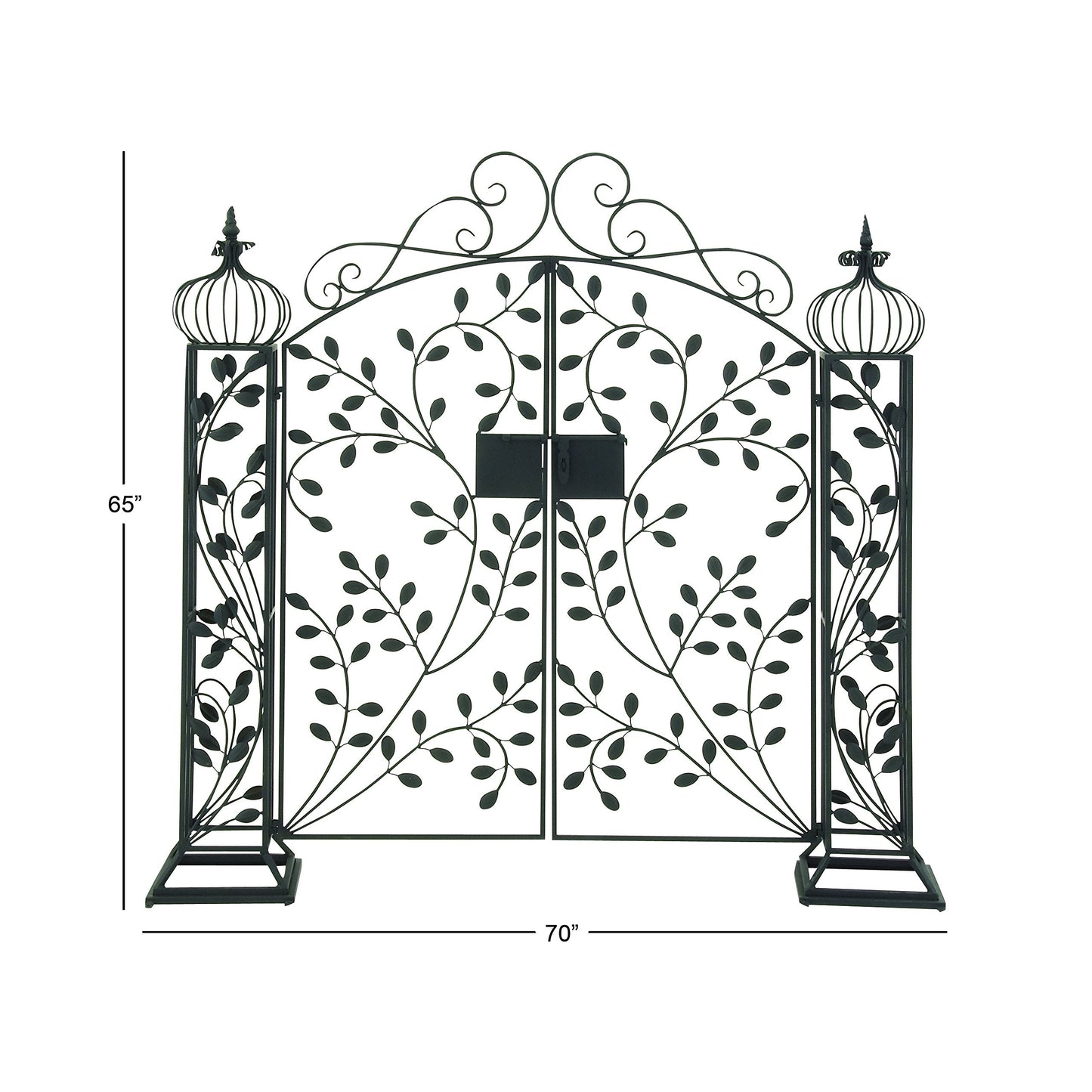 Deco 79 Metal Indoor Outdoor Scrollwork Arched Gate Garden Arbor with Vines and Latch Lock Closure, 70" x 15" x 65", Black