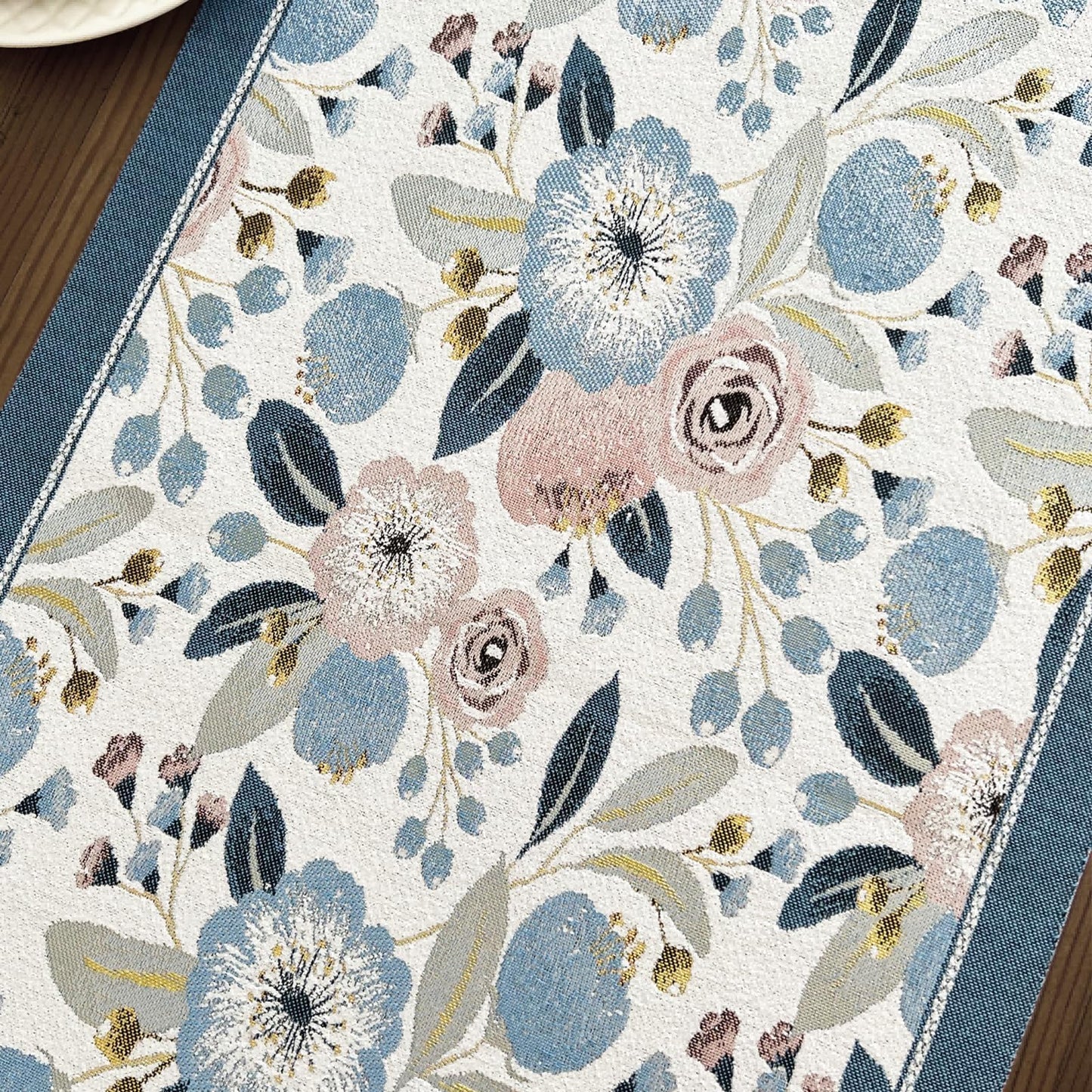 QGenuine Floral Table Runner with Tassel Edges, Cotton Blend Decorative Runner for Dining Table, Spring Table Decor