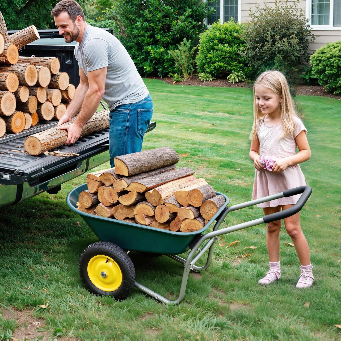 Ultym 2 Wheel Wheelbarrow, Dual-Wheel Garden Dump Cart with 13" Non-Slip Pneumatic Tires & Ergonomic Padded Handle, Heavy-Duty Home Utility Yard Cart Wagon with 4.5 Cu Ft Capacity for Lawn, Gardening