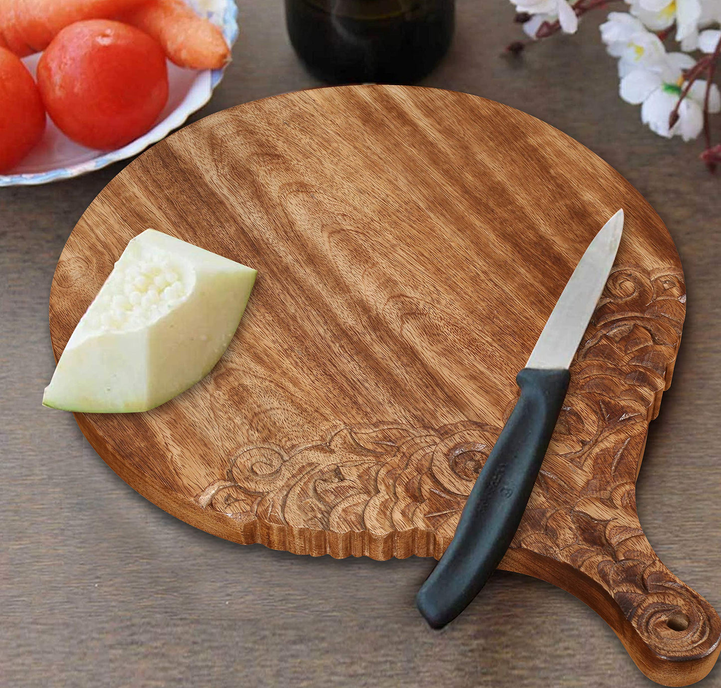 VERSAINSECT nd carved round Chopping & Serving Tray for kitchen, dining table and outdoor SIZE 17x12.5x0.95 inch
