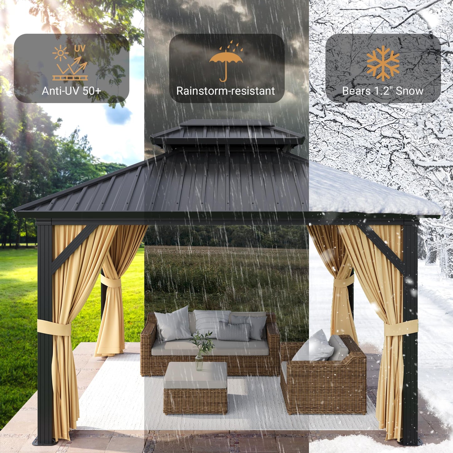 10x12 FT Hardtop Gazebo with Galvanized Steel Double Roof, Heavy-Duty Aluminum Frame Outdoor Gazebo Canopy with Mosquito Netting & Waterproof Curtains for Patio, Backyard, Deck & Lawn