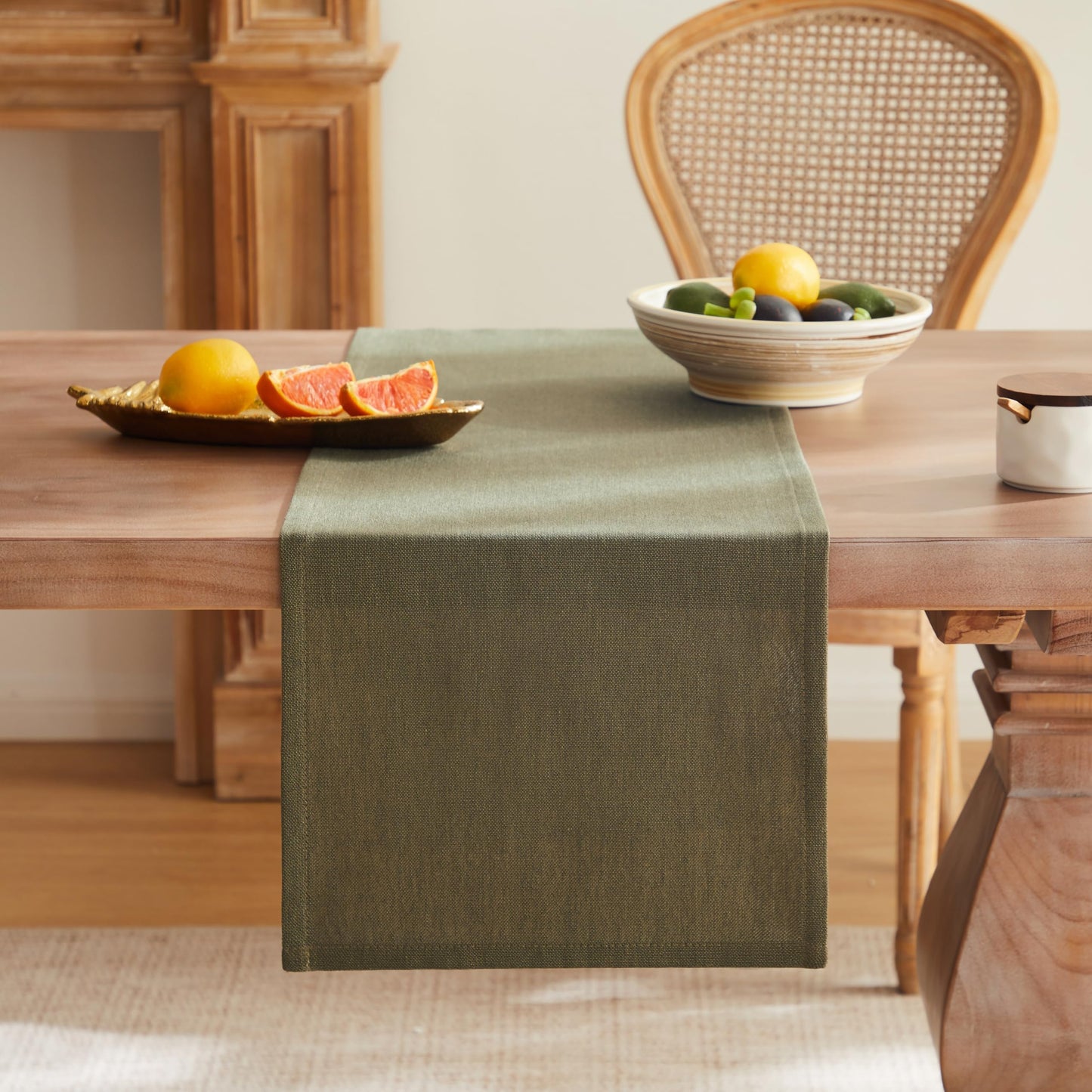 ZeeMart Rustic Cotton Linen Table Runner, 13x72 Inches Olive, Farmhouse Style Green Table Runners 72 Inches Long, Washable Kitchen Dining Table Decoration for Home Party Decor