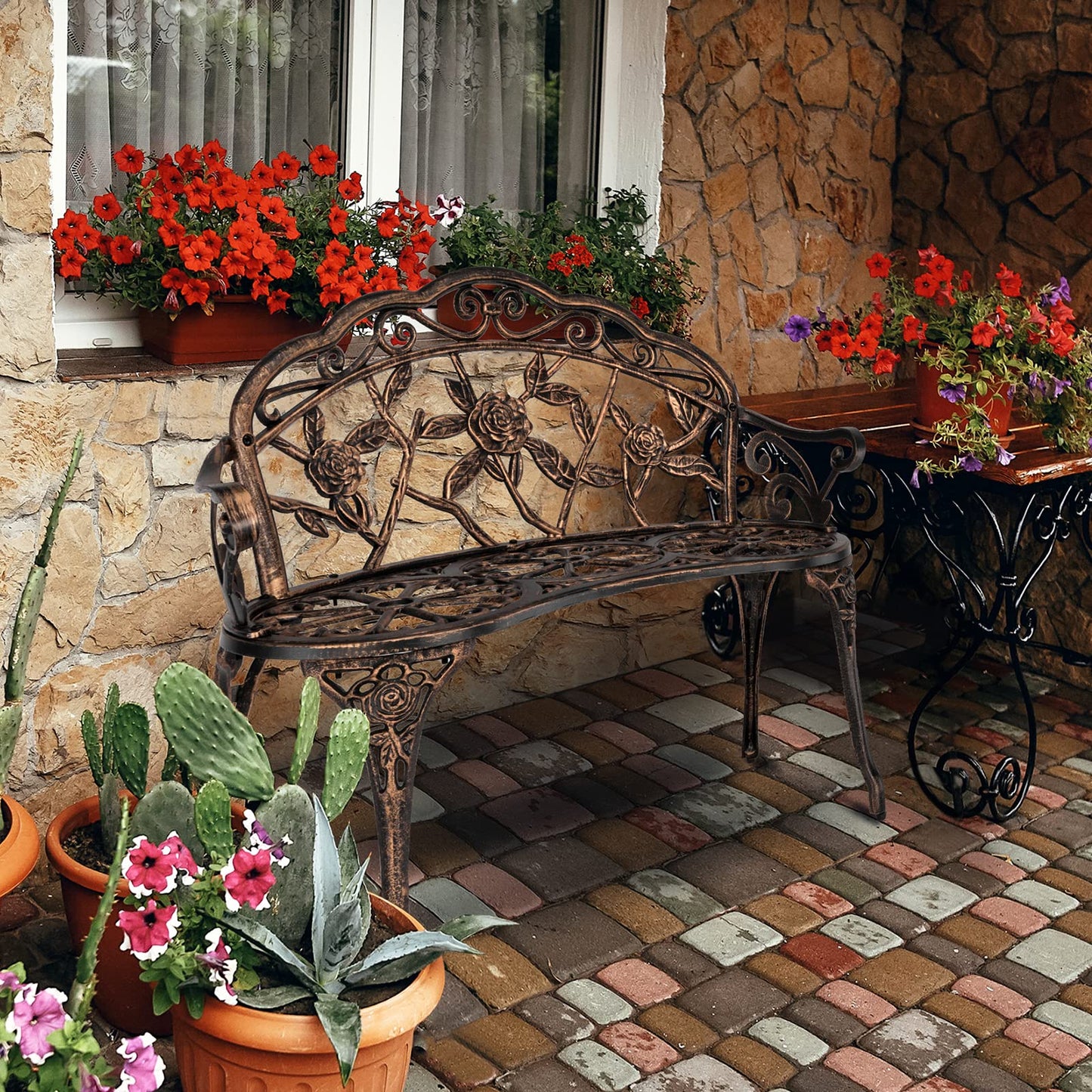 VINGLI 38.5" Patio Park Garden Outdoor Metal Rose Bench, 2-Person Cast Iron Cast Aluminium Frame Antique Finish Chair,Accented Lawn Front Porch Path Yard Decor Deck Furniture (Bronze, Rose)