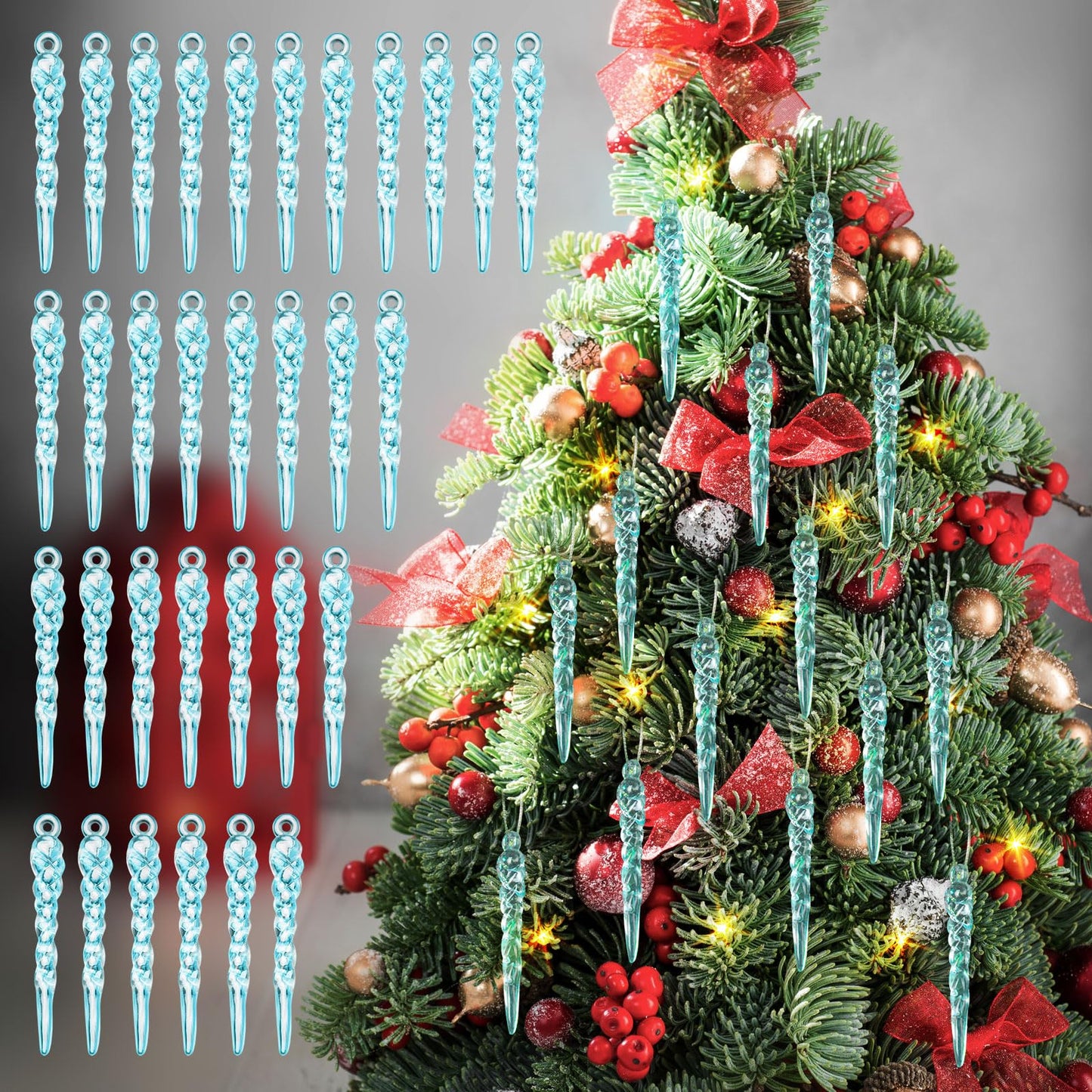 Cinnvoice Blue 36 Pcs Christmas Ornaments Mini Icicle Christmas Decoration Plastic Crystal Hanging Icicles Ornaments for Xmas Tree Winter Wedding Party Decor