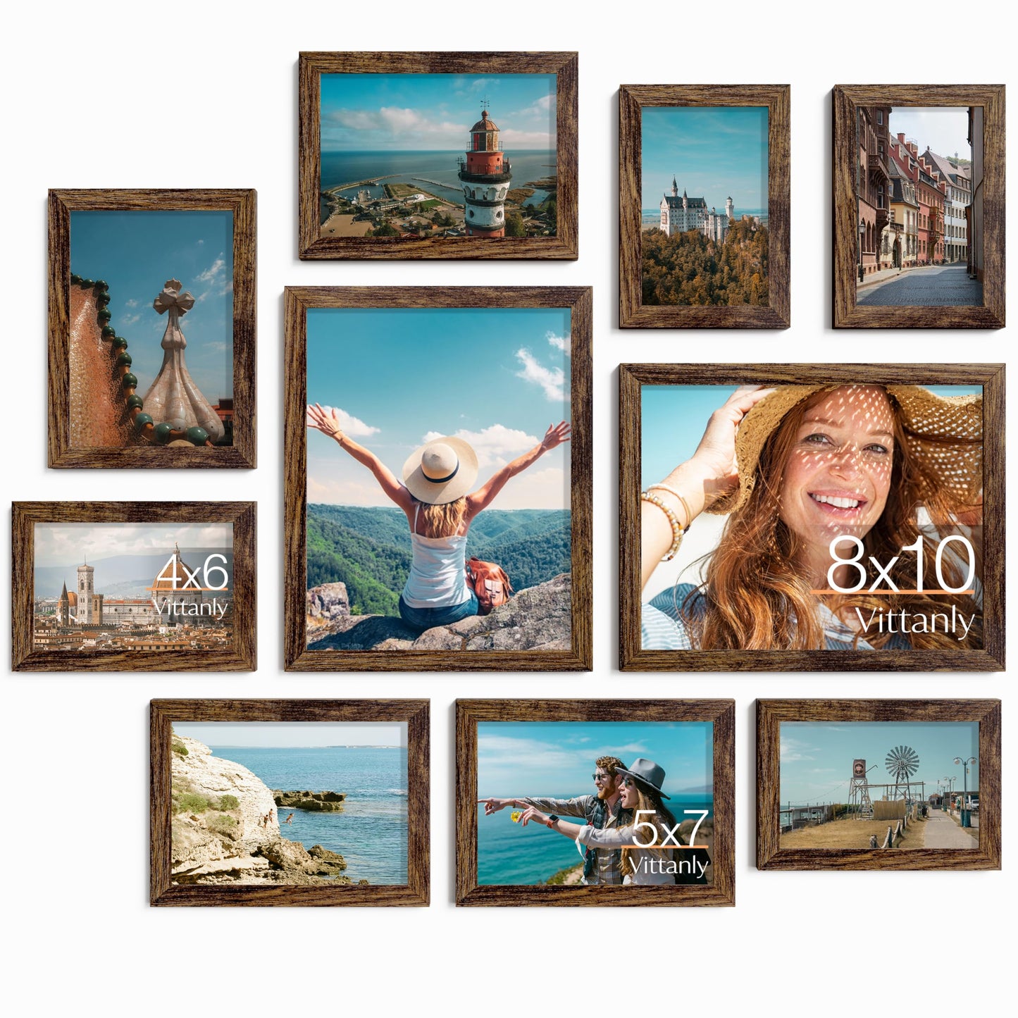 Vittanly 10 Pack Picture Frames Collage Wall Decor, Gallery Wall Frame Set for Wall or Tabletop Display, Engineered Wood and Shatter-resistant Plexiglass, Multi Sizes with 8x10, 5x7, 4x6 Frames, Brown