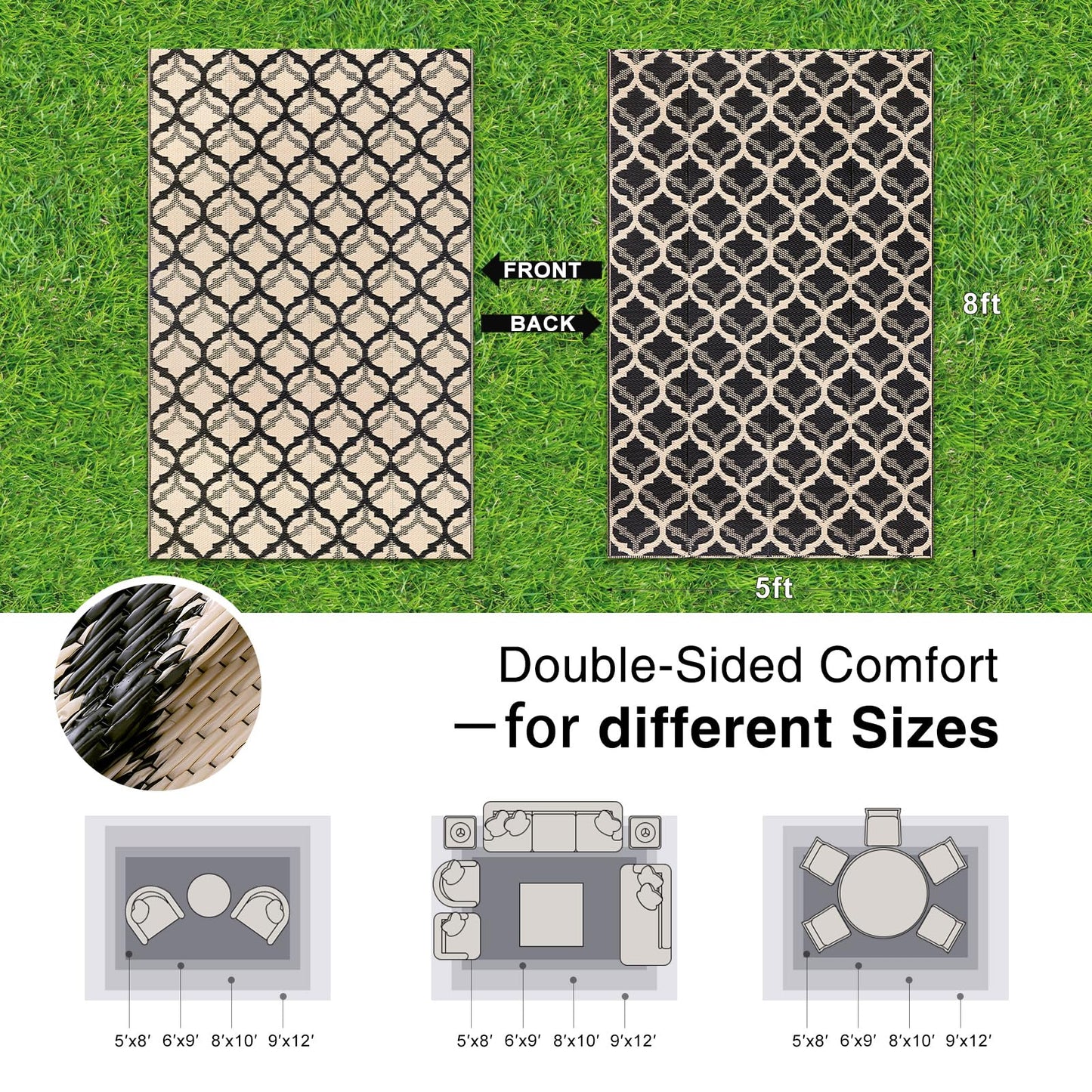 OLANLY Reversible Outdoor Rug 5x8 ft Clearance, Waterproof Outdoor Plastic Straw Rug with Interlacing Pattern, RV Mat for Patio, Camping, Balcony, Deck, Backyard, Black & Beige