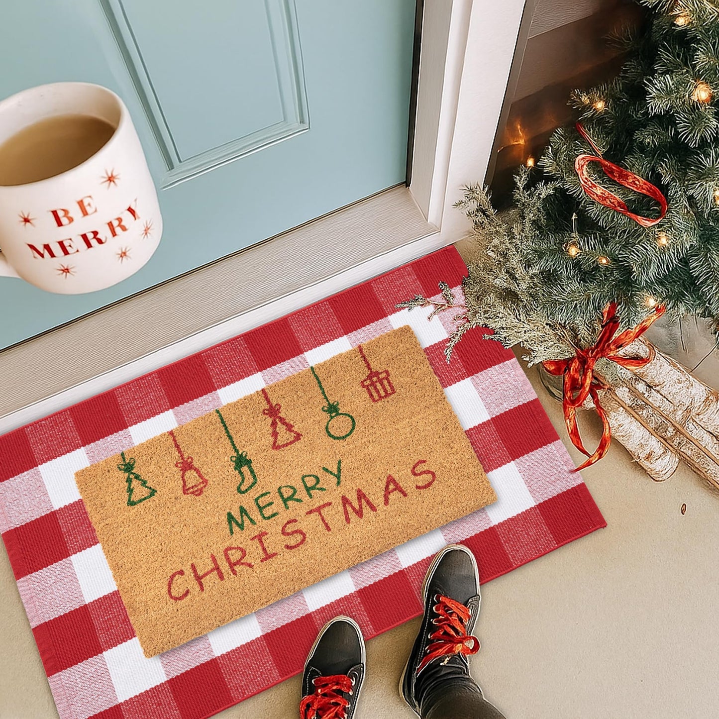 Christmas Door Mat Combo Set - 100% Coco Coir Welcome Mat + 28 x 43 Inch Red and White Plaid Rug, Holiday New Year Christmas Collection Decorative Doormat for Front Porch Entryway Decor