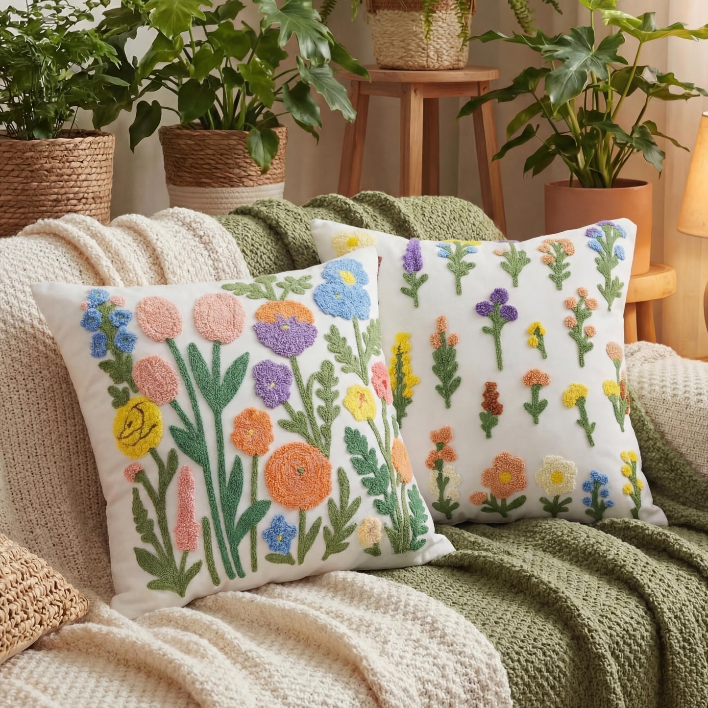 Gilprop 2 Pcs Embroidered Throw Pillow Covers Boho Square Pillow Covers Floral Spring Leaf Plant Cushion Cases for Bed Couch Sofa Bedroom Living Room Home Decor(Flowers,18 x 18 Inches)