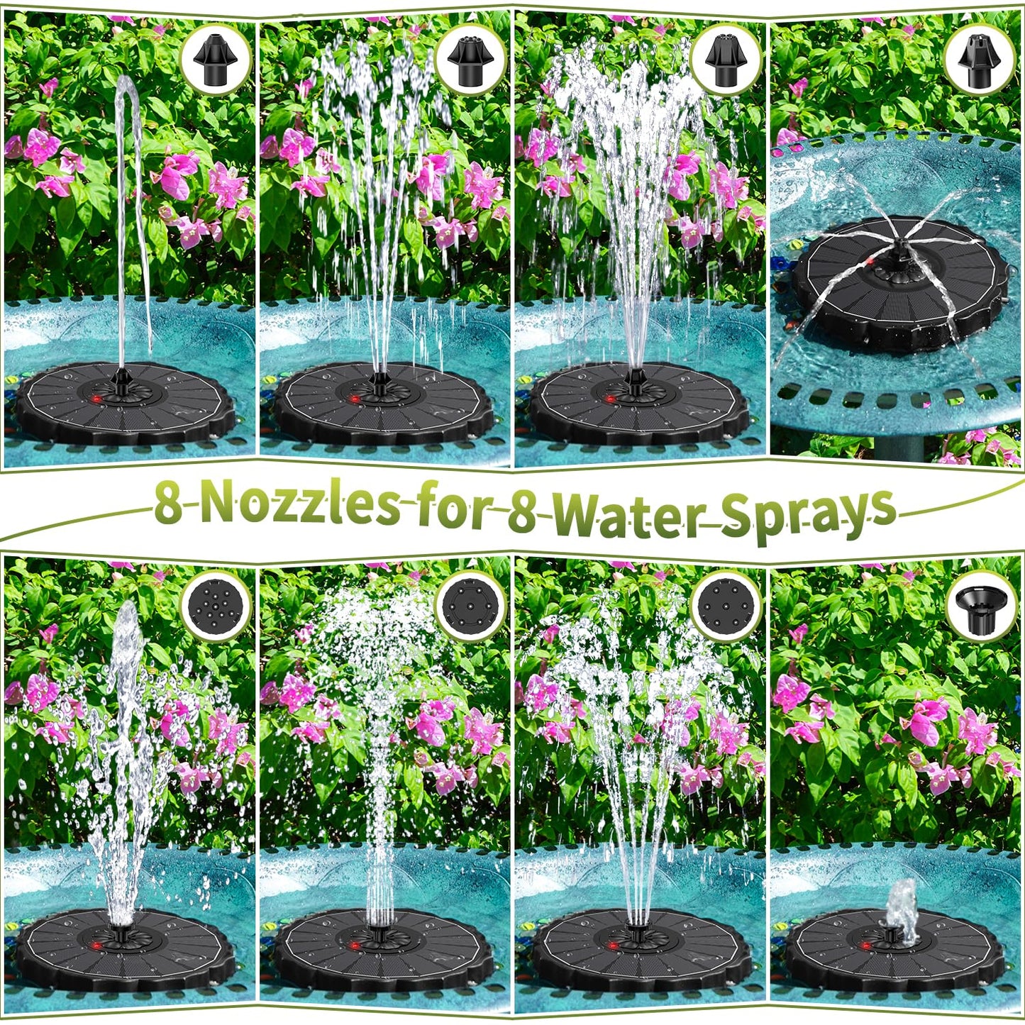 SZMP Solar Fountain, Works in Cloudy with 2000mAh Battery Backup, Glass Solar Powered Bird Bath Fountain with Smart Status Indicators, 3.5W, 8 Nozzles, for Garden, Outdoor (Black)