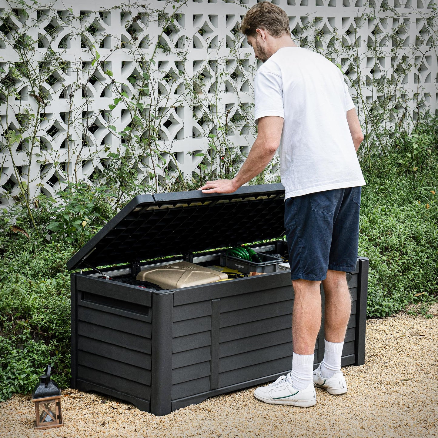 DWVO 150 Gallon Large Deck Box Waterproof Outdoor Storage Box, Extra Large Storage Bin, Resin Louvered Patio Storage for Indoor Pillows, Garden Tools & Pool Supplies, Lockable, Black