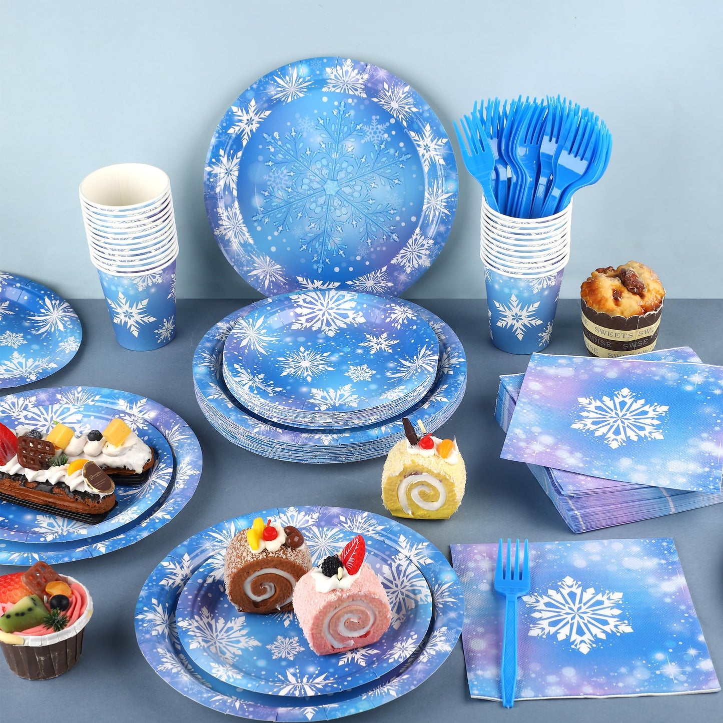 Kochorie 144 Pieces Frozen Party Supplies, Snowflake Tableware Sets Including Disposable Paper Plates Napkins Cups Forks Serves 24 for Winter Christmas Holiday Wonderland Birthday Party Decorations