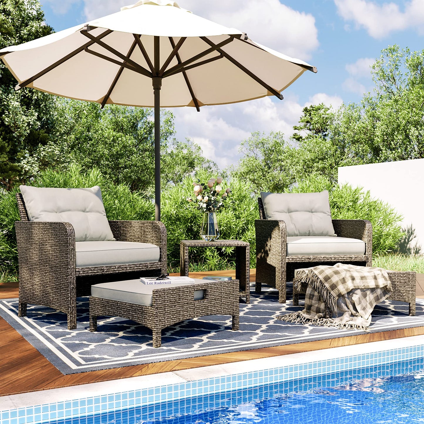 Pamapic Outdoor Furniture 5 Piece Patio Conversation Set, Wicker Rattan Patio Set with Soft Cushions & Coffee Table, Balcony Furniturefor with 2 Ottoman for Porch, Garden, Lawn (Grey)