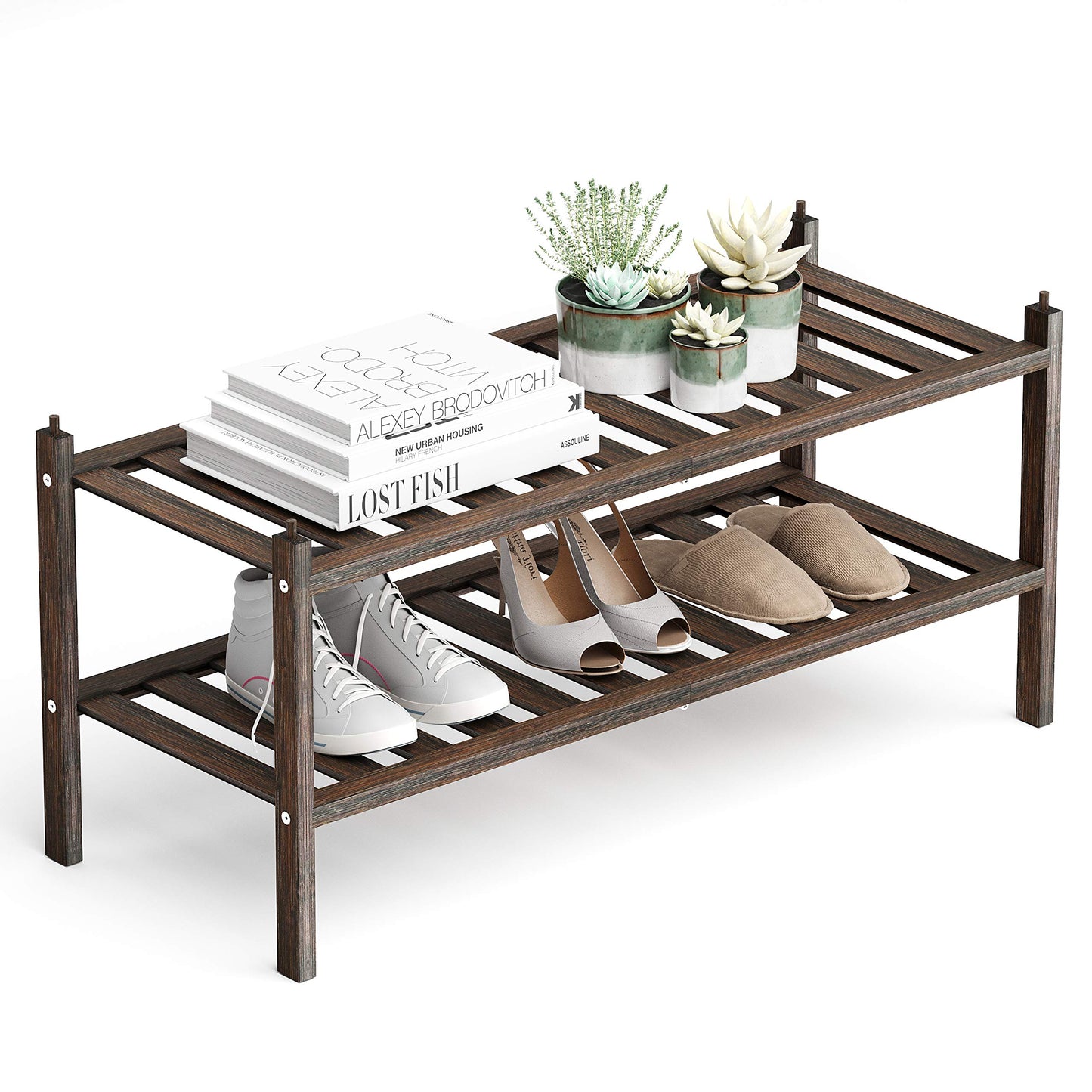 Dranixly Bamboo 2-Tier Shoe Rack Stackable Shelf Storage Organizer for Entryway, Hallway and Closet, 27.2"x11"x13.2" (Mocha)