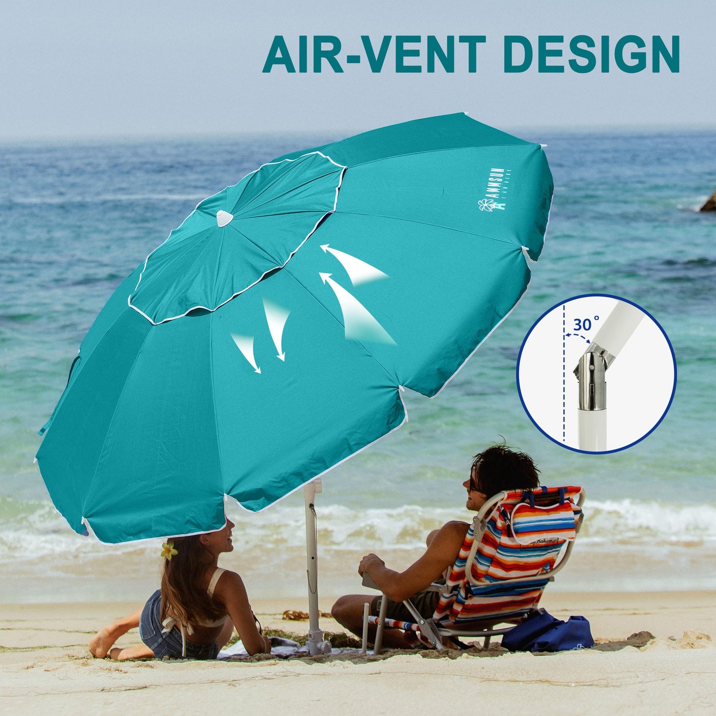 AMMSUN 8 Feet Large Beach Umbrella with Sand Anchor Heavy Duty High Wind Portable Outdoor Umbrellas UPF 50+ Protection Air Vent Tilt Patio Garden Pool Teal
