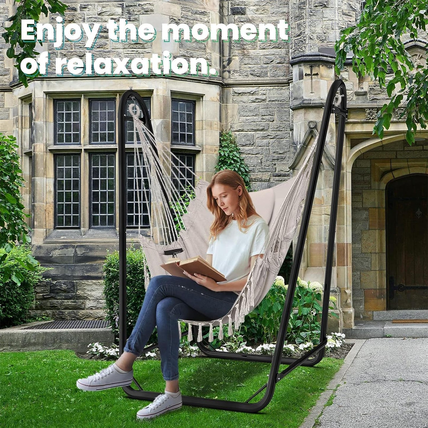Hammock Chair with Stand,Heavy-Duty Hanging Chair with Stand, for Indoor Outdoor,Sturdy Swing Chair Stand Max Load 350 pounds(Hammock Chair Included)