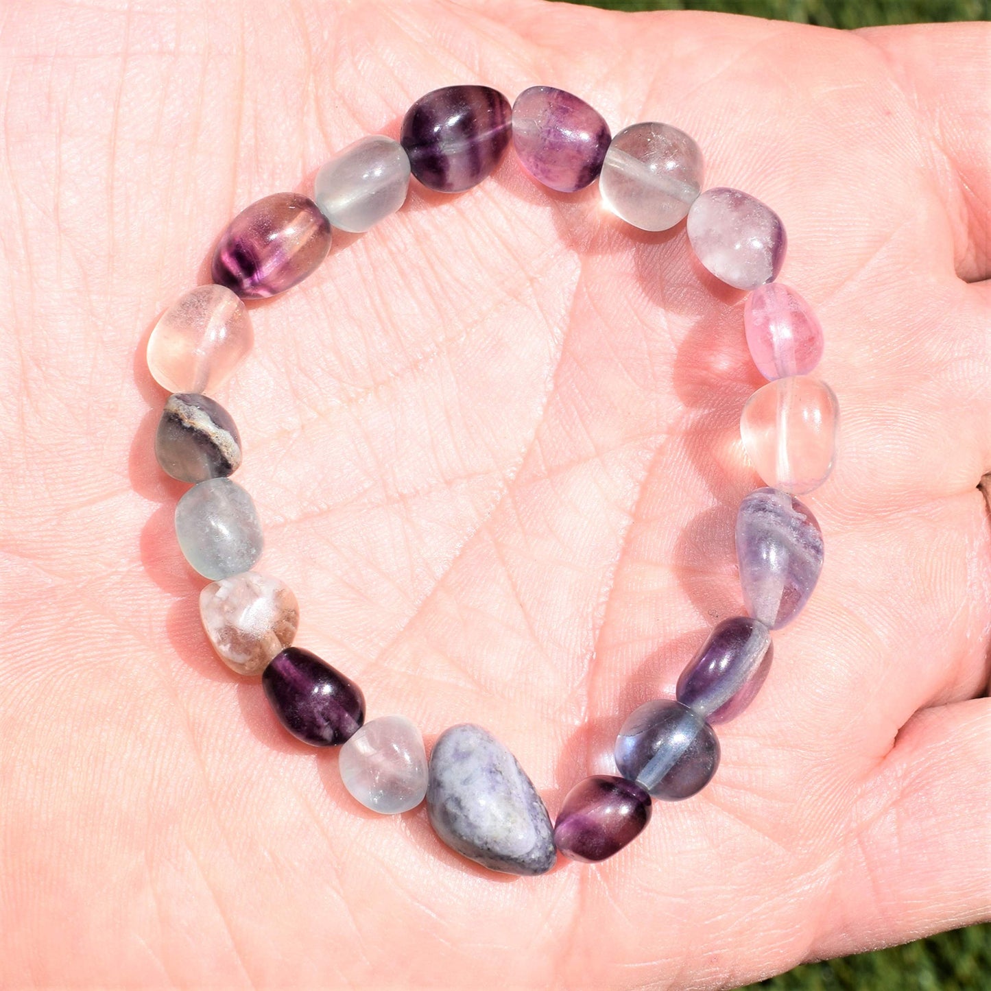 CHARGED Rainbow Fluorite Crystal Bracelet Tumble Polished Stretchy + Selenite Heart Charging Crystal Included Increase Clarity & Focus, Remove Energy Blocks & Cleanse Your Aura) HEALING ENERGY)