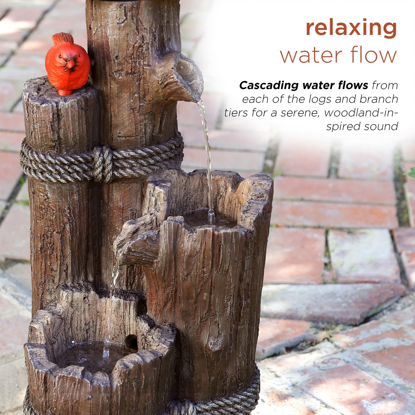 Alpine Corporation 35" Tall Outdoor 3-Tier Birdhouse Water Fountain with Cardinal Accent, Rustic Floor Decor for Garden and Patio, Brown