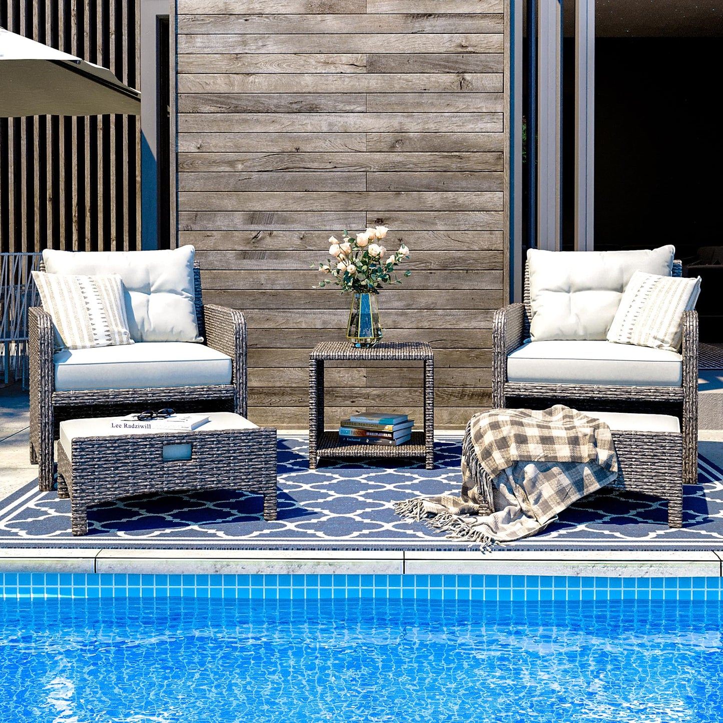 Pamapic Outdoor Furniture 5 Piece Patio Conversation Set, Wicker Rattan Patio Set with Soft Cushions & Coffee Table, Balcony Furniturefor with 2 Ottoman for Porch, Garden, Lawn (Grey)