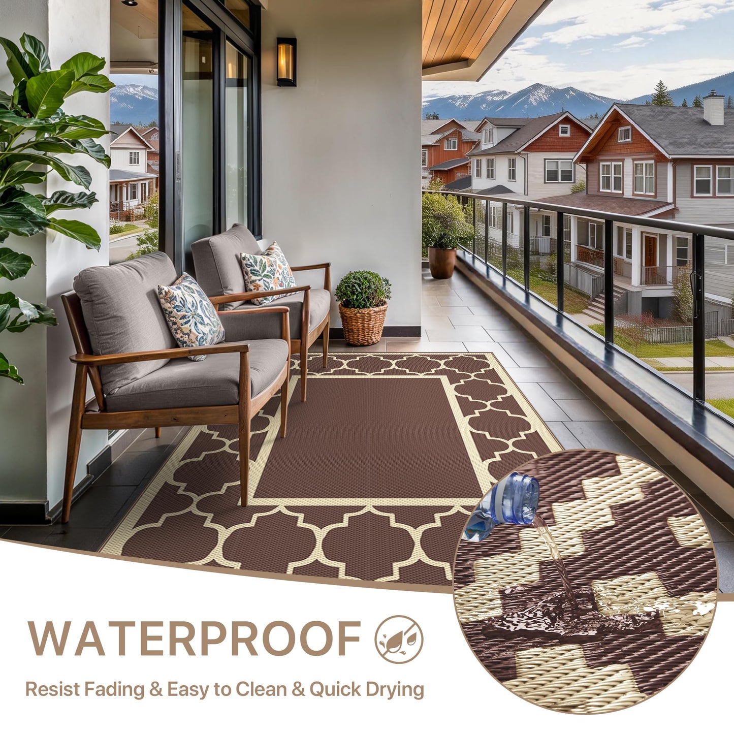 GENIMO Outdoor Rug 8' x 10' Patio Waterproof, Foldable Reversible Plastic Straw Area Rugs Mat for Camper Decor, Outside Carpet for Rv, Deck, Porch, Picnic, Beach, Balcony, Coffee & Beige