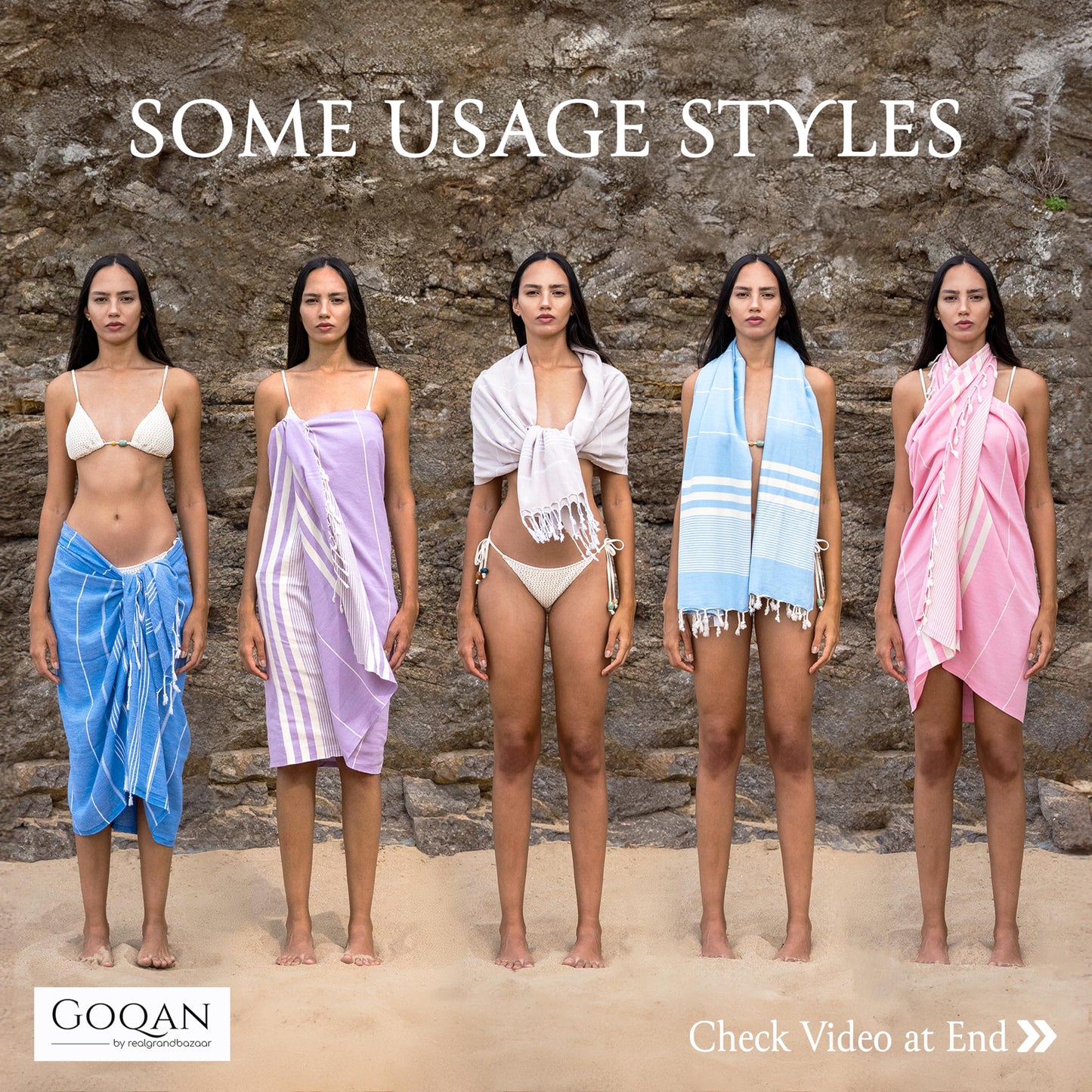 realgrandbazaar GOQAN Turkish Beach Towel Oversized 39x71 | Thin, Lightweight, 100% Cotton and Sand Free Towel is Suitable for Beach, Bathroom, Pool, Travel & Swim - Beige