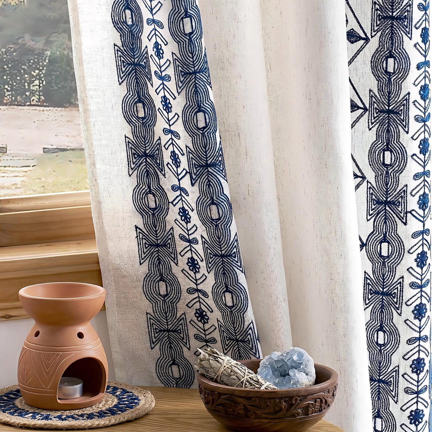 NICETOWN Boho Curtains with Navy Blue Trim 84" Long 2 Panels, Embroidered Cream Linen Textured Geometric Drapes with Antique Bronze Grommets, Light Filtering Window Treatment for Living Room & Nursery