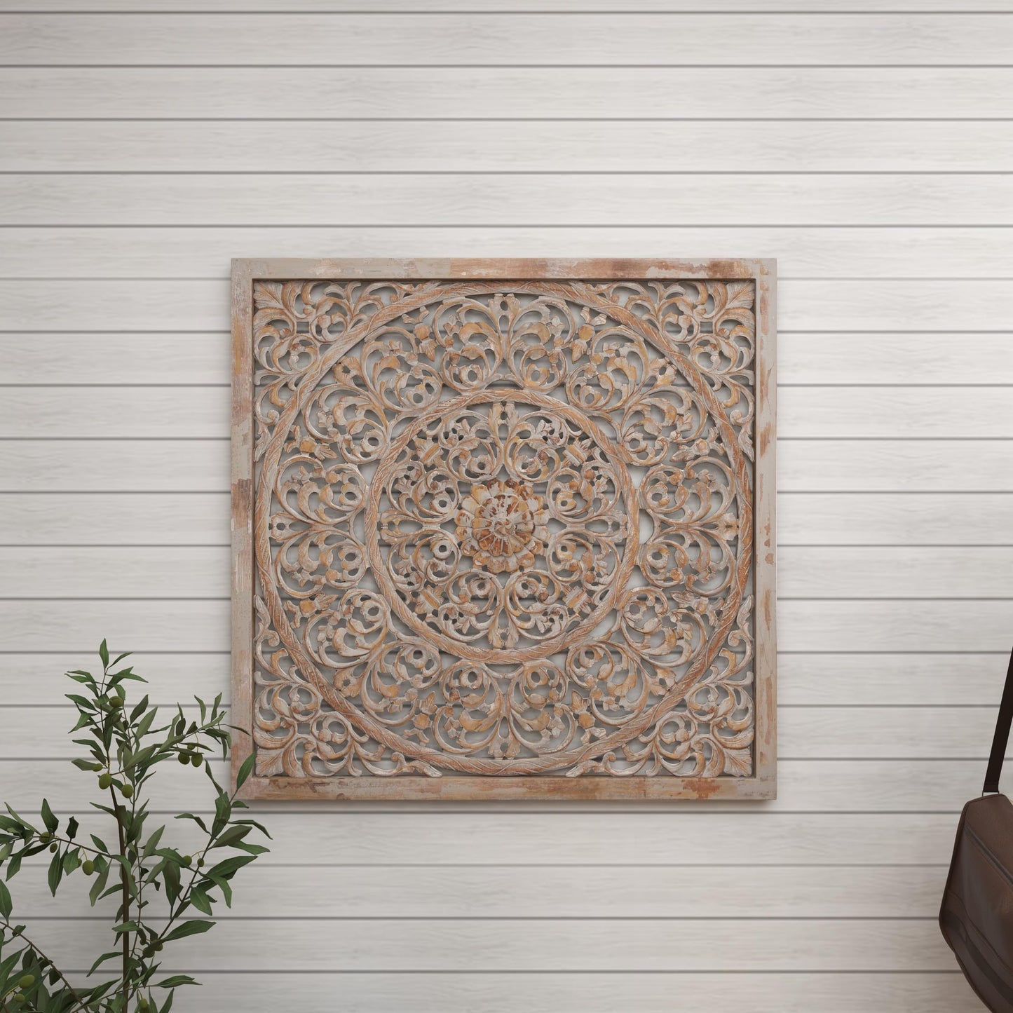 Deco 79 Wooden Floral Handmade Carved Scroll Mandala Wall Decor with Brown Distressing, 36" x 1" x 36", Gray