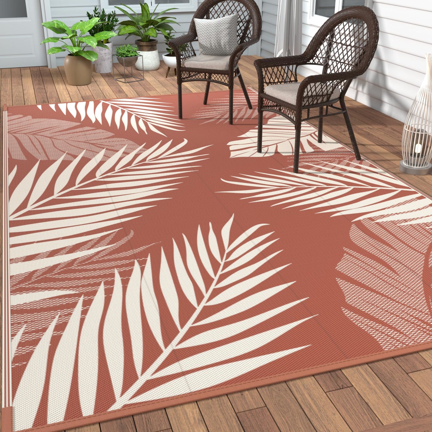 GENIMO Outdoor Rug 8' x 10' Waterproof for Patios Clearance, Reversible Plastic Straw Camping Carpet, Large Area Rugs Mats for RV, Picnic, Backyard, Deck, Balcony, Porch, Beach, Brick&Red
