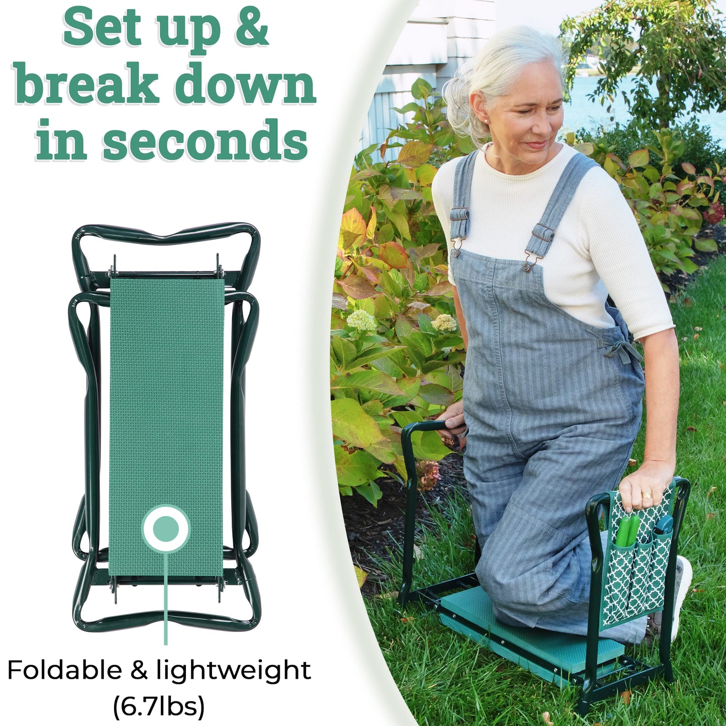 Garden Kneeler And Seat - Protects Your Knees, Clothes From Dirt & Grass Stains - Foldable Stool For Ease Of Storage - EVA Foam Pad - Sturdy and Lightweight - Bench Comes With A Free Tool Pouch!