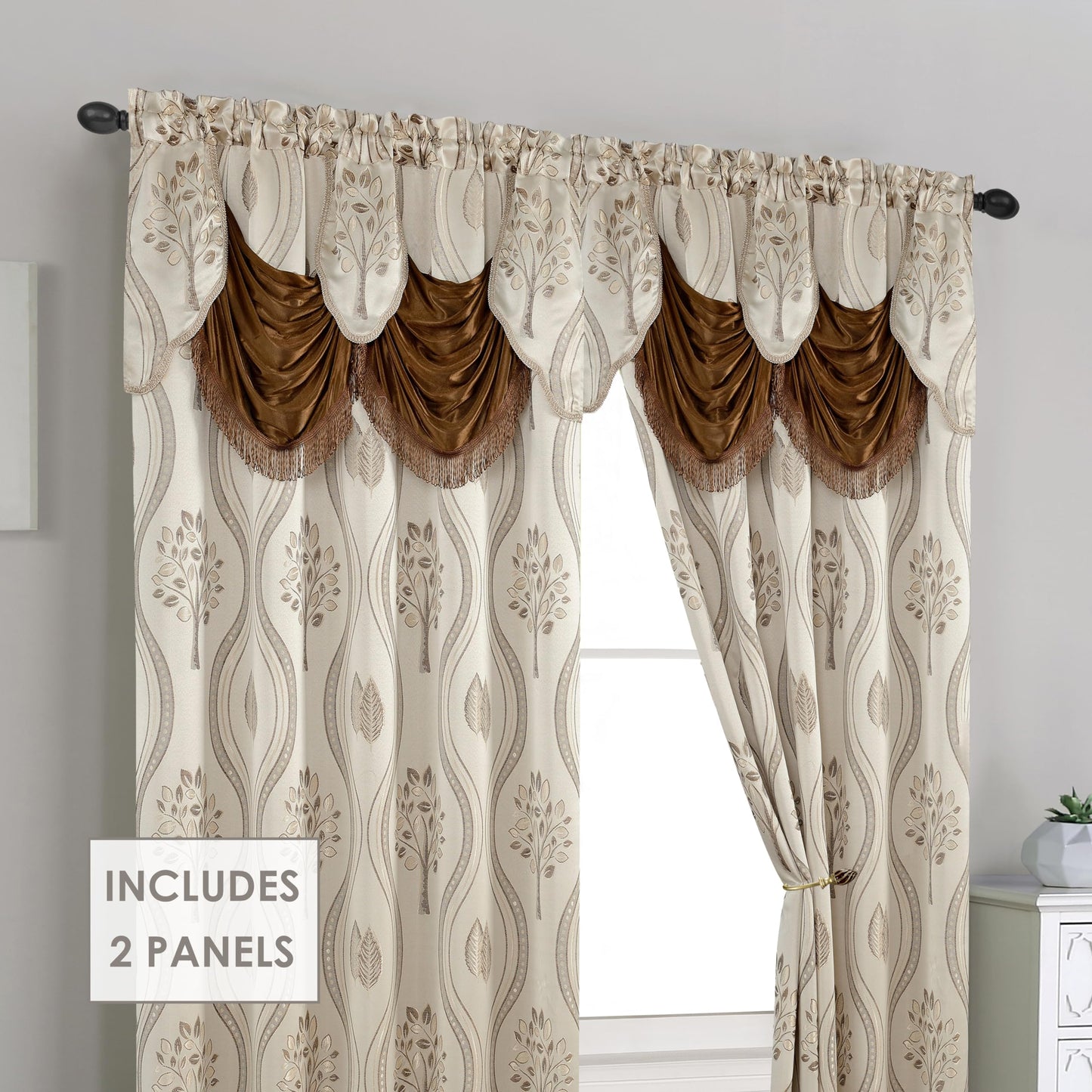 Elegant Comfort Luxurious Beautiful Curtain Panel Set with Attached Valance and Backing 54" X 84 inch (Set of 2), Beige