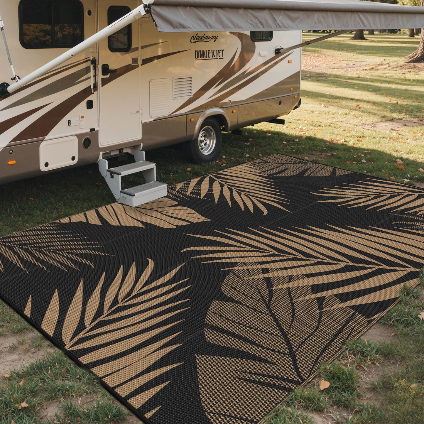 sarben Outdoor Rug 10’x14’ Waterproof for Patio Clearance, Reversible Indoor Outdoor Plastic Straw Camping Rug Carpet, RV Mat, Large Area Rug for Deck, Backyard, Balcony, Porch, Beach, Black & Brown