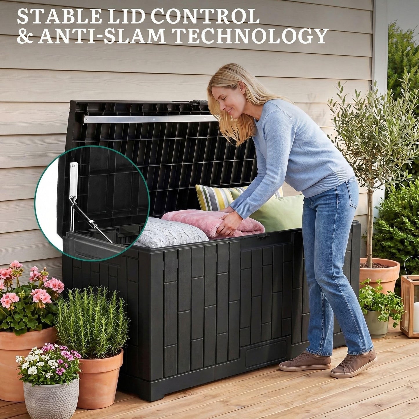 YITAHOME Large Outdoor Storage Box, 120 Gallon Waterproof Resin Deck Box with Slide-Locking Lid, Patio Storage Bin and Bench Seat for Garden Tools, Cushions & Pool Supplies, Easy Assembly, Black