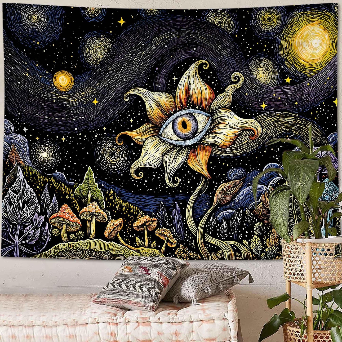 Yeoiat Tapestry Cosmic Flower Tapestries Mushroom Landscape Wall Hanging Starry Night Visionary Botanical Art Decor Bedroom Dormitory 48"x36"