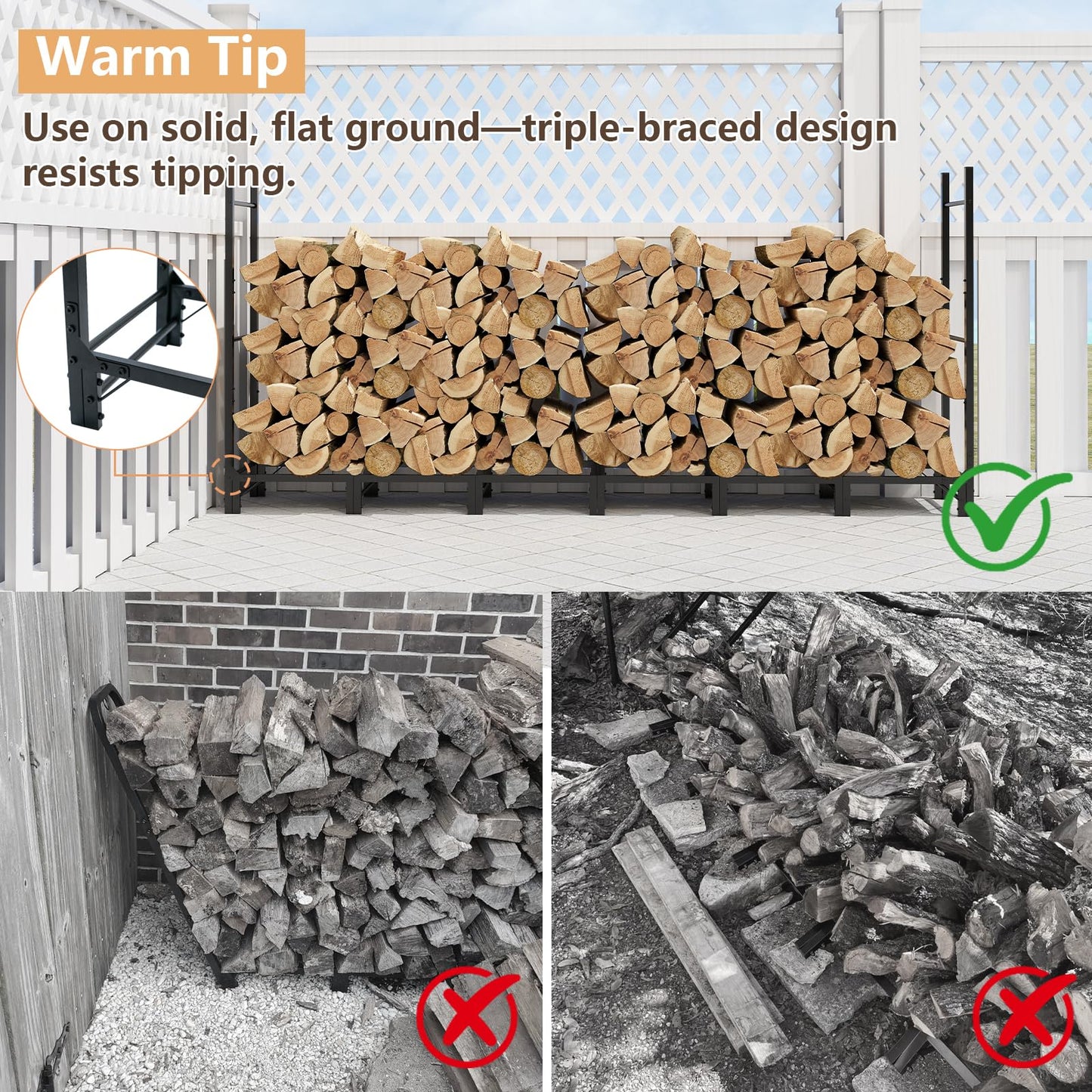 C-Hopetree 8Ft Outdoor Indoor Firewood Rack, Adjustable Metal Log Holder for Fireplace, Heavy Duty Wood Pile Storage Organizer Stacker Stand, Black