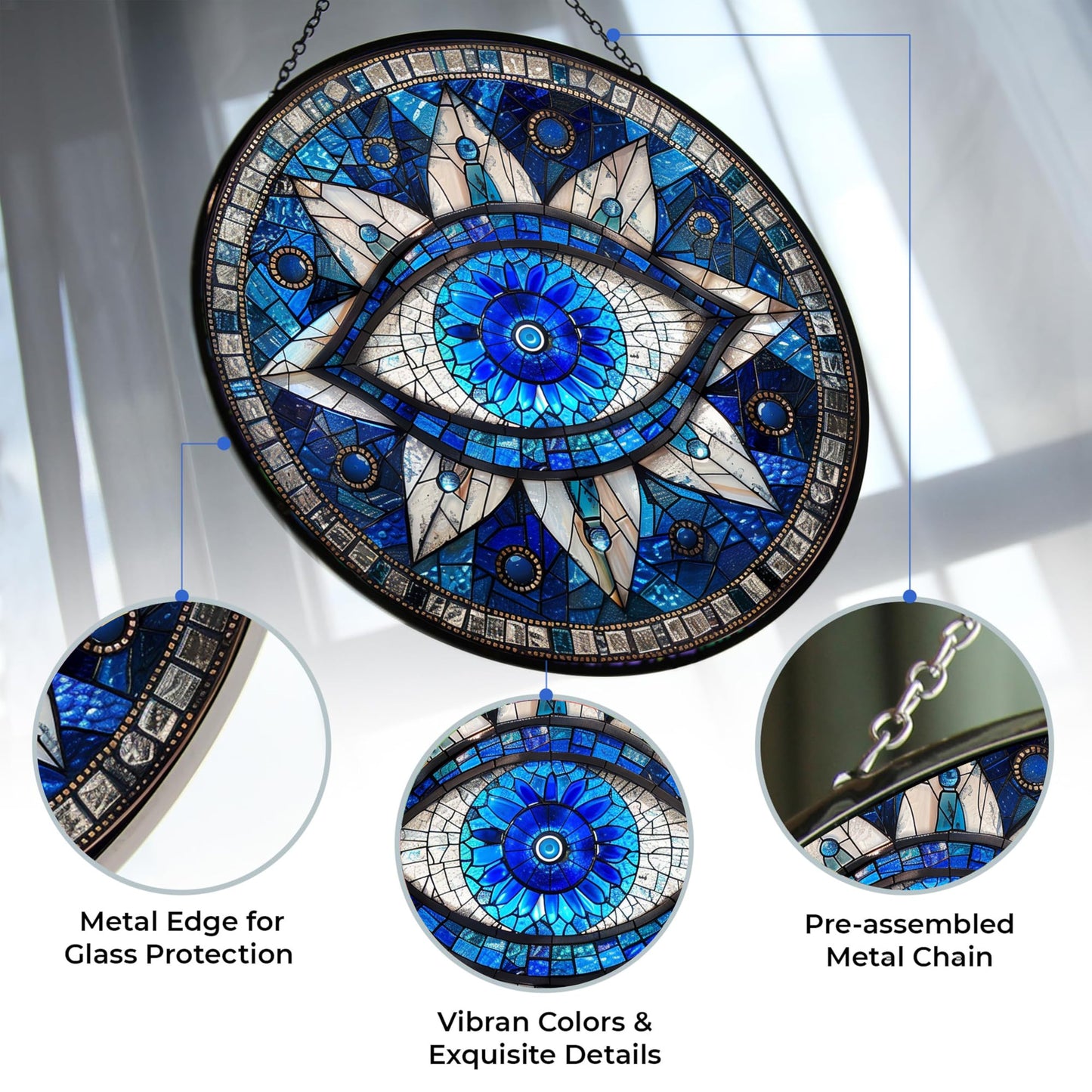 365CUSGIFTS Evil Eye Stained Glass Sun Catcher with Mountain Stained Glass Window Hanging, Suncatchers for Windows Hanging, Lavender Wall Decor, for Women/Friends/Lover