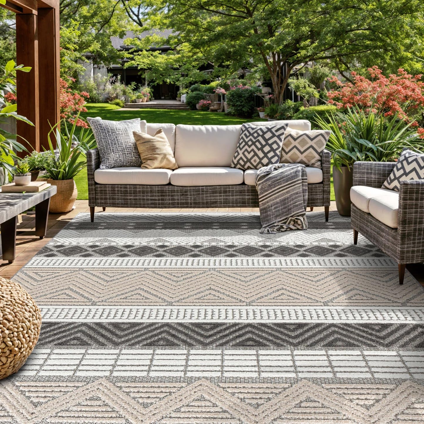 Rugshop Marbella Contemporary Boho Non-Shedding Patio Deck Backyard Indoor/Outdoor Area Rug 5' x 7' Gray