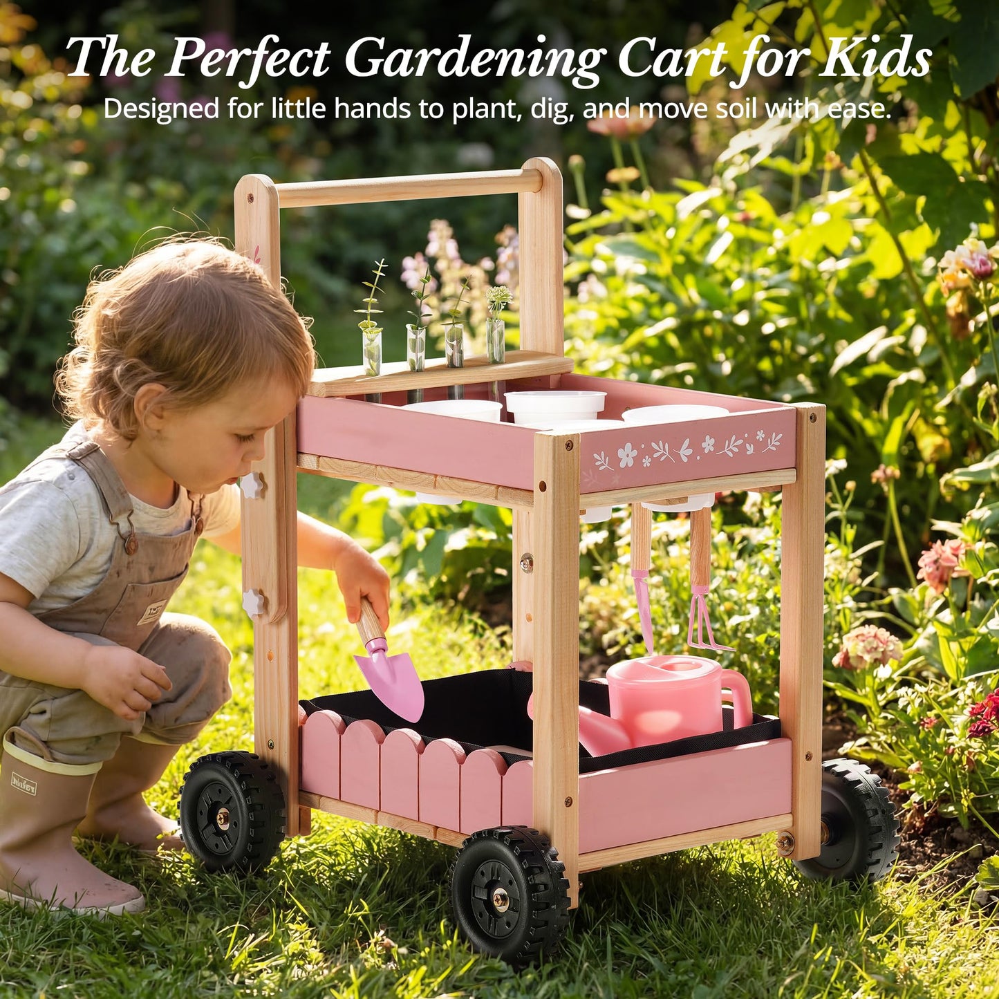ROBOTIME Kids Gardening Tools with Cart Wheelbarrow - Wooden Outdoor Garden Toys Set with Watering Can, Shovel, Hand Rake & Plant Labels, Outdoor Backyard Play Toys for Toddler Gift (Pink)