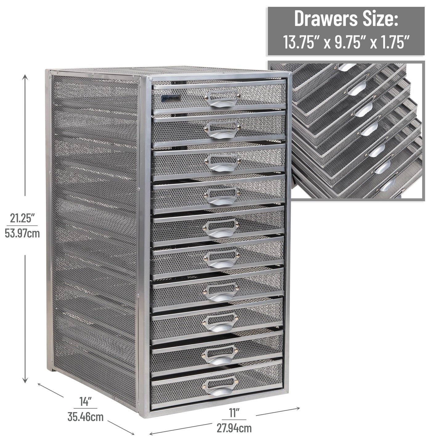 Mind Reader 10-Drawer Desk Organizer for Office Supplies, Crafts, Mail Sorting & More, Metal Mesh, 10.75"L x 14"W x 21.25"H, Silver