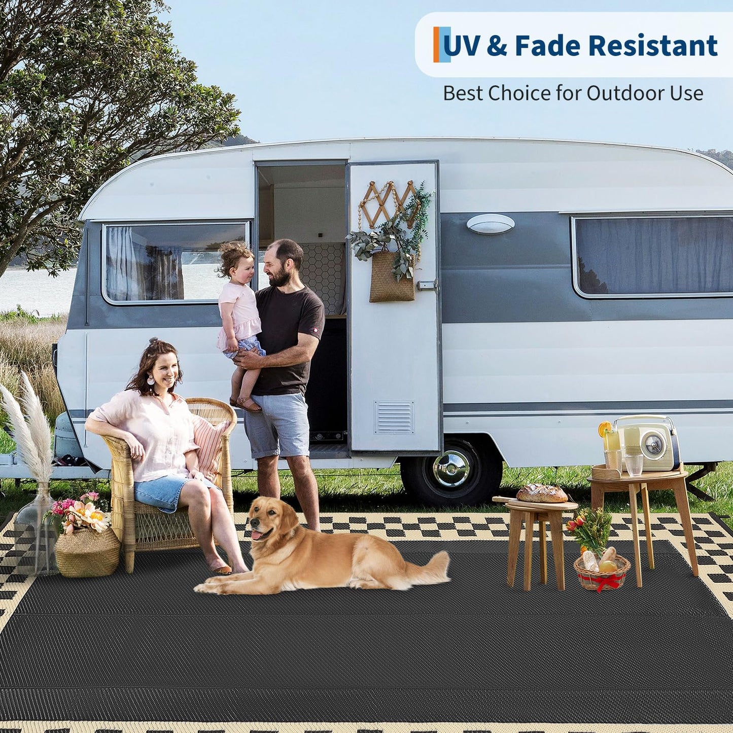 Checkered Outdoor Rug 8x10 Waterproof Modern Bordered Patio Rugs Plastic Straw Rug Large Indoor Outdoor Throw Carpets Reversible Mat for Picnic, Backyard, Rv, Beach, Deck, Camper, Balcony, Black