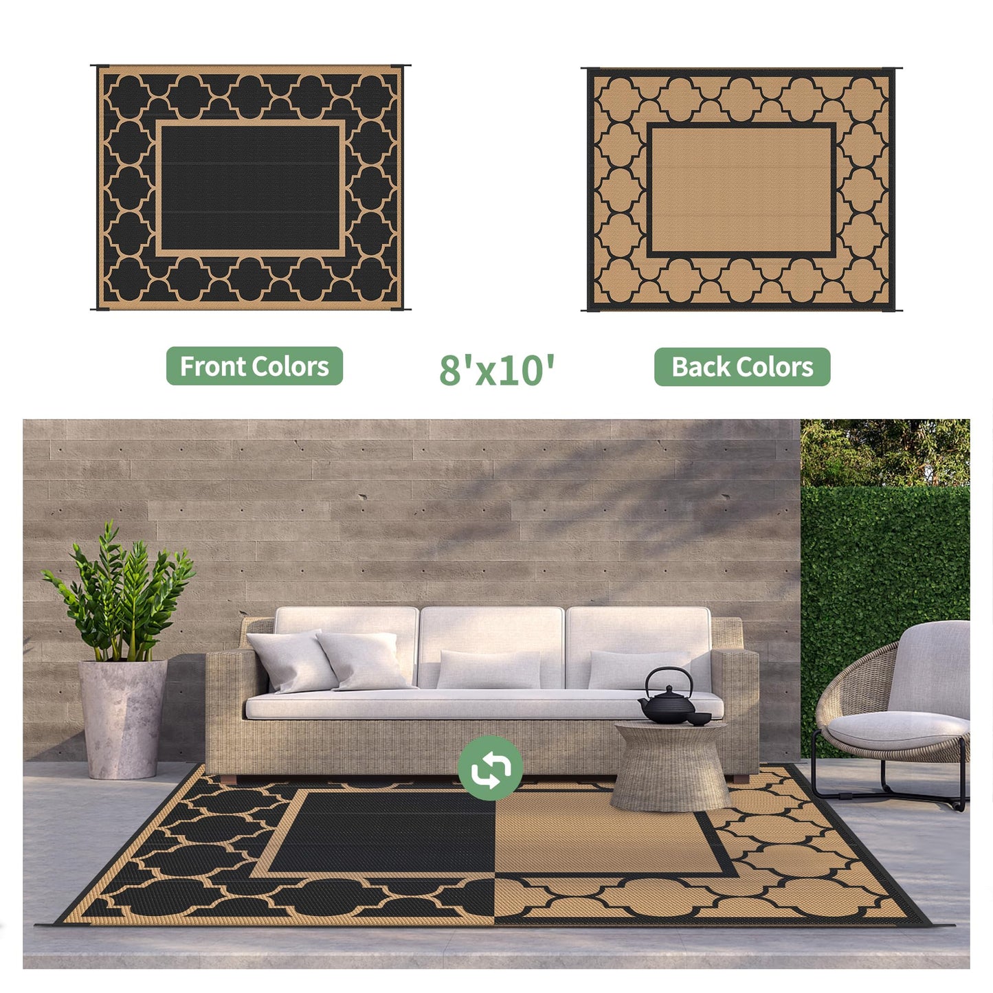 GENIMO Outdoor Rug 8' x 10' Patio Waterproof, Foldable Reversible Plastic Straw Area Rugs Mat for Camper Decor, Outside Carpet for Rv, Deck, Porch, Picnic, Beach, Balcony, Black & Brown