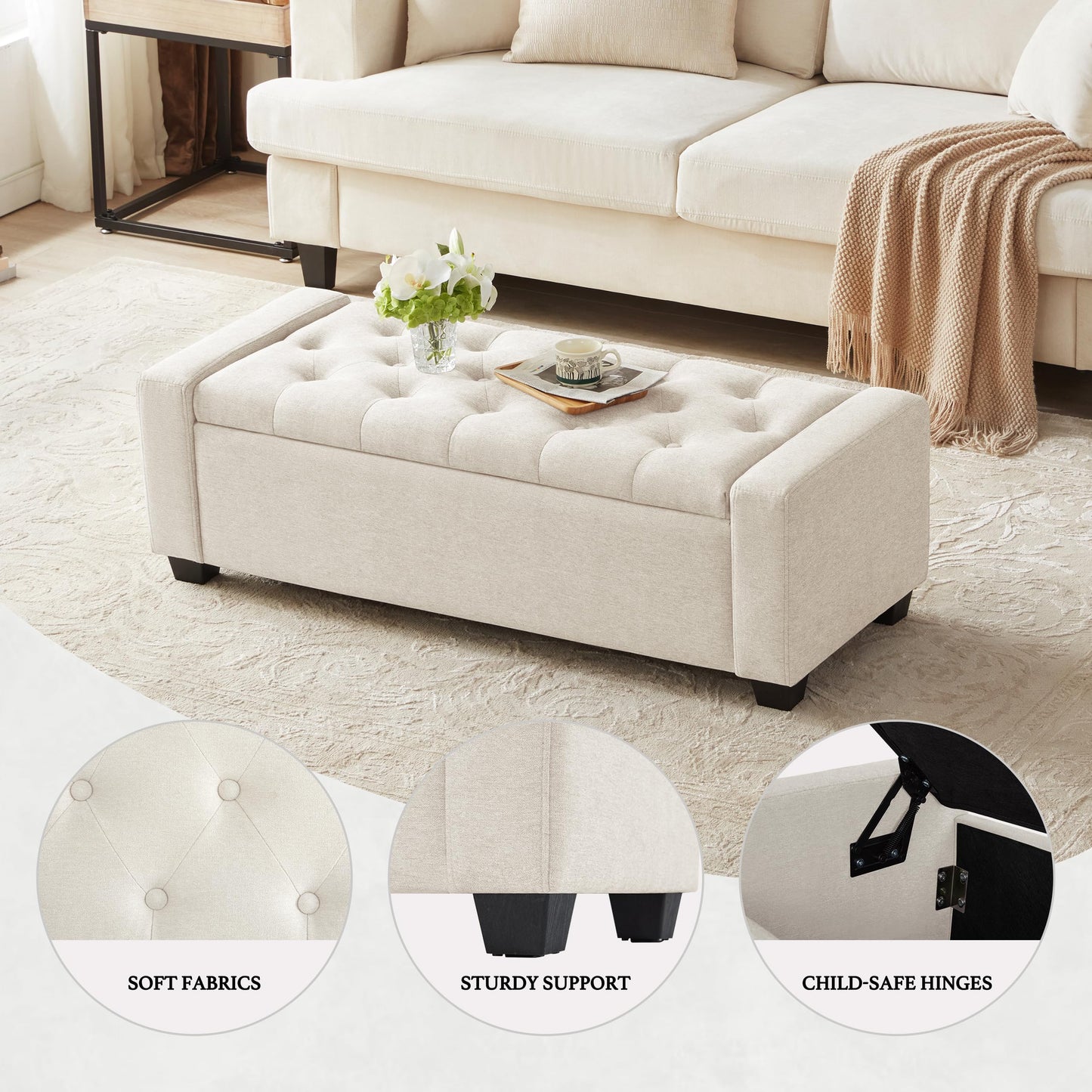 Huatean Home 48" Ottoman with Storage, Storage Ottoman Bench with Safety Hinge, Upholstered Entryway Bench with Seating for Bedroom, Living Room, Holds up to 330 lb, Beige