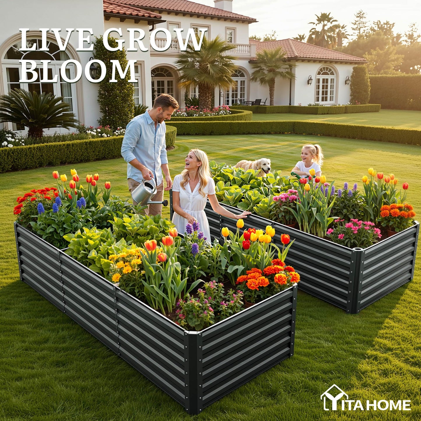 YITAHOME 96x48x24 in Galvanized Raised Garden Bed Kit, Large Metal Planter Box with Gloves, Safety Rubber & Support Rod, Outdoor Flower Bed for Plants Vegetables, Black