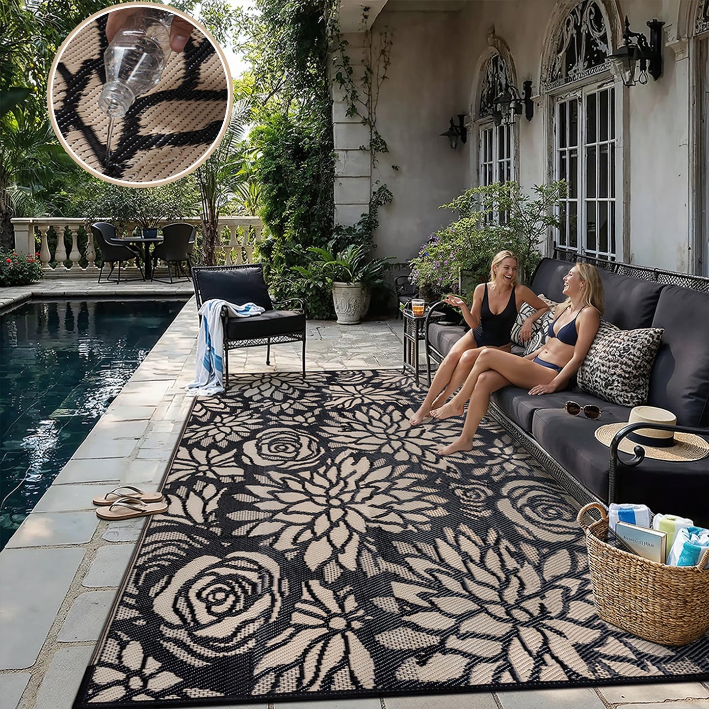 WondRg Outdoor Plastic Straw Rug Waterproof Patio 9x12 Black Brown Floral Mat for Porch Camping RV Balcony Deck Courtyard Reversible Lightweight Durable Portable Carpet