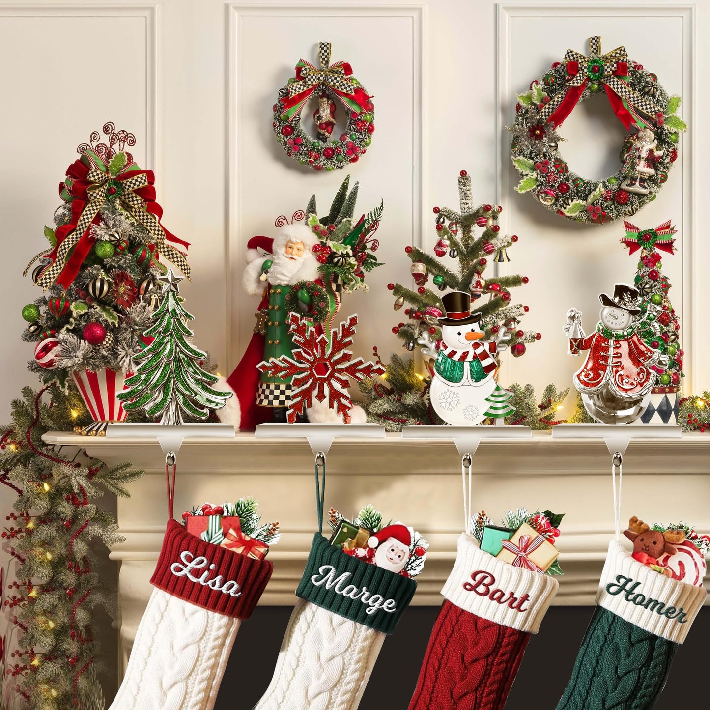 Loncaster Set of 4 Christmas Stocking Holders for Mantle, Christmas Tree Weighted Stocking Holder, Snowflakes Stocking Hangers for Mantle,Christmas Stocking Holder for Fireplace Christmas Decorations