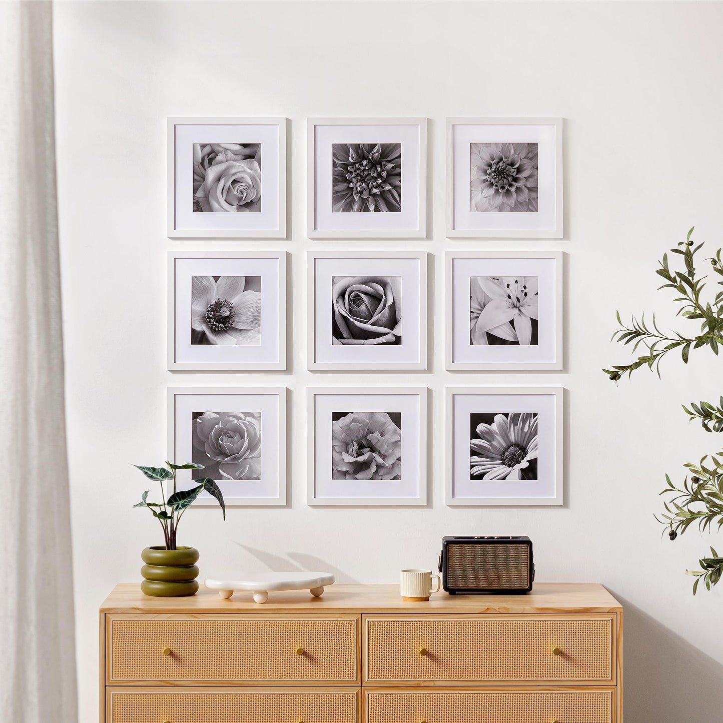 eletecpro 12x12 Picture Frames Set of 9 with Clear Acrylic Cover, Display 8x8 Photos with Mat or 12x12 Without, Classic and Sturdy Square Collage Gallery Wall Decor, Easy Wall Mount, White