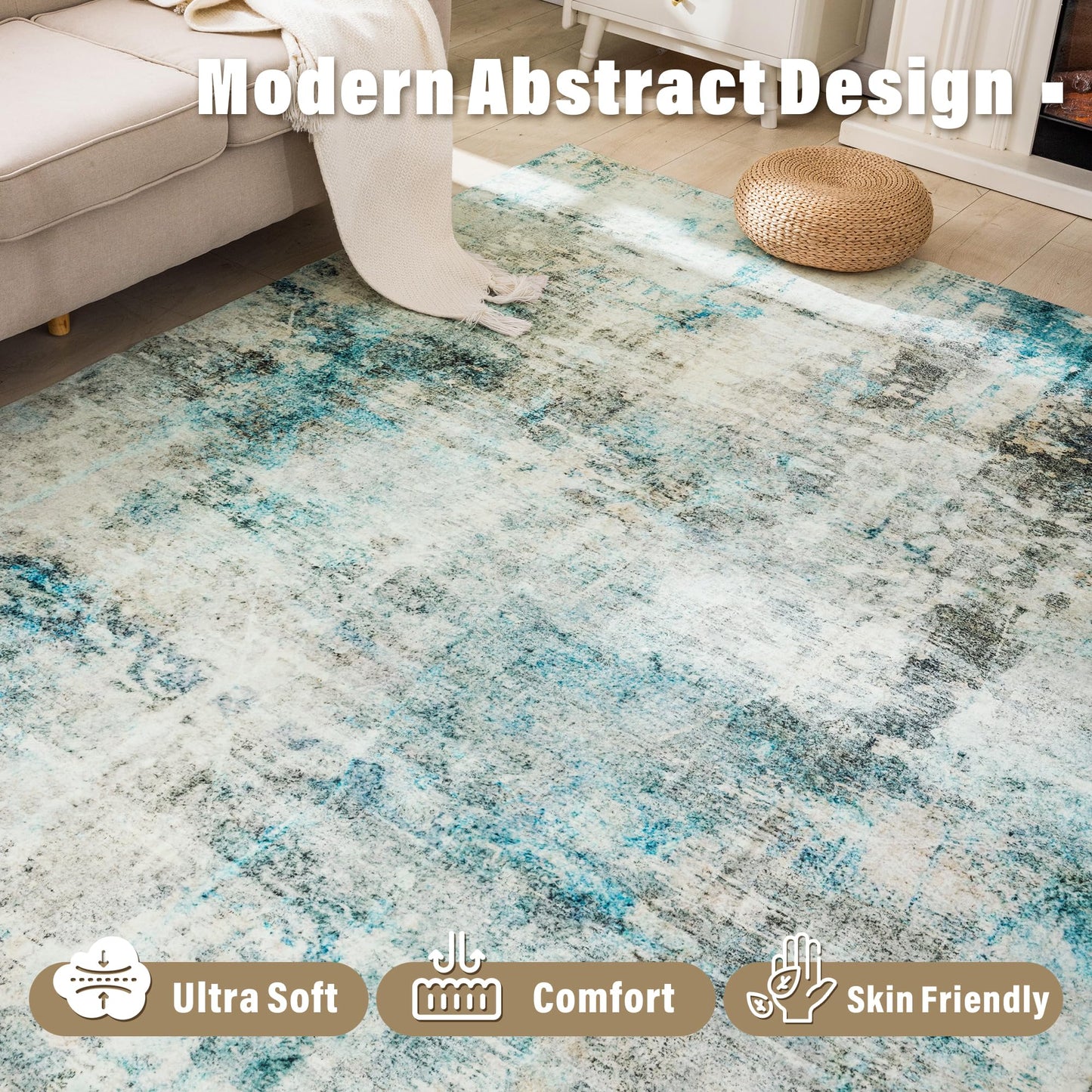 Carvapet 6x9 Large Rugs for Living Room Bedroom Kids Room, 6 x 9 Washable Teal Modern Abstract Low Pile Carpet with Rubber Backing, Foldable, Non Slip Thin Area Rug, Ultra Soft