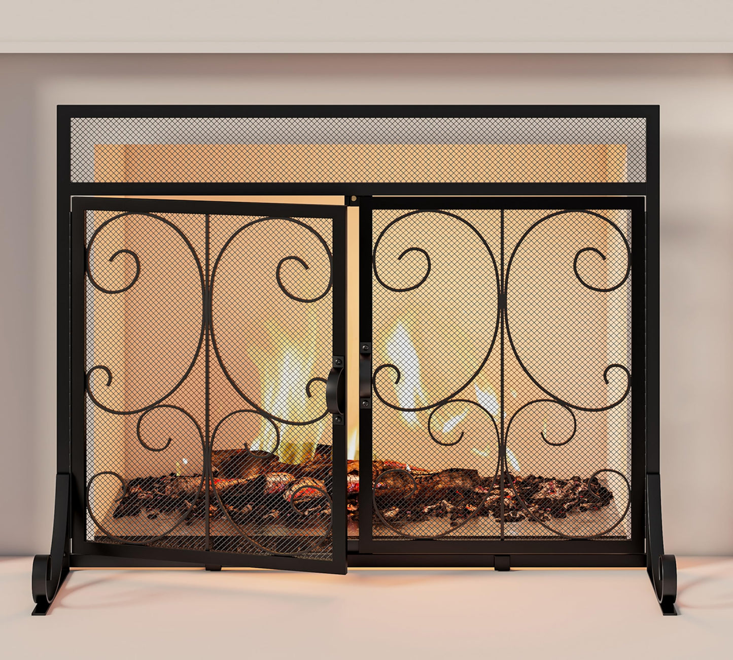 Calidola Large Flat Fireplace Screen with Doors, Wrought Iron Frame with Metal Mesh, Flat Panel Decorative Fireplace Screen with Scroll Design, Free Standing Spark Guard,Black