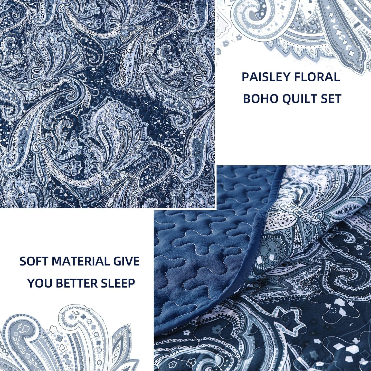 DJY Navy Paisley Quilt Set King Boho Bedspread Coverlet Set 3 Pieces, Soft Lightweight Microfiber Navy Blue Paisley Floral Pattern Bedding for All Season, 110"x90"