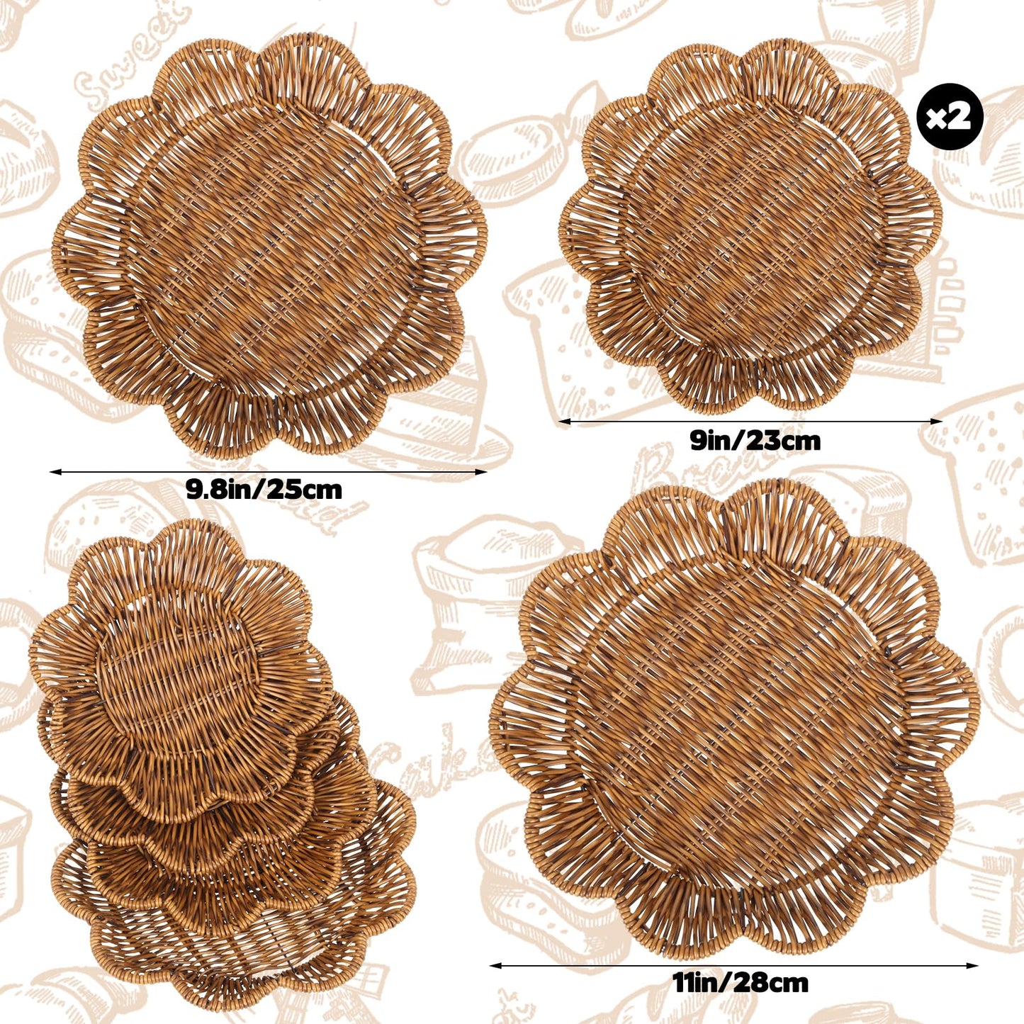 4 Pcs Wicker Bread Baskets, Plum Bossom Shaped Bread Baskets Sets, Vintage Storage Baskets Trays for Bread Food Vegetables Fruit Snacks Tabletop Restaurant Home