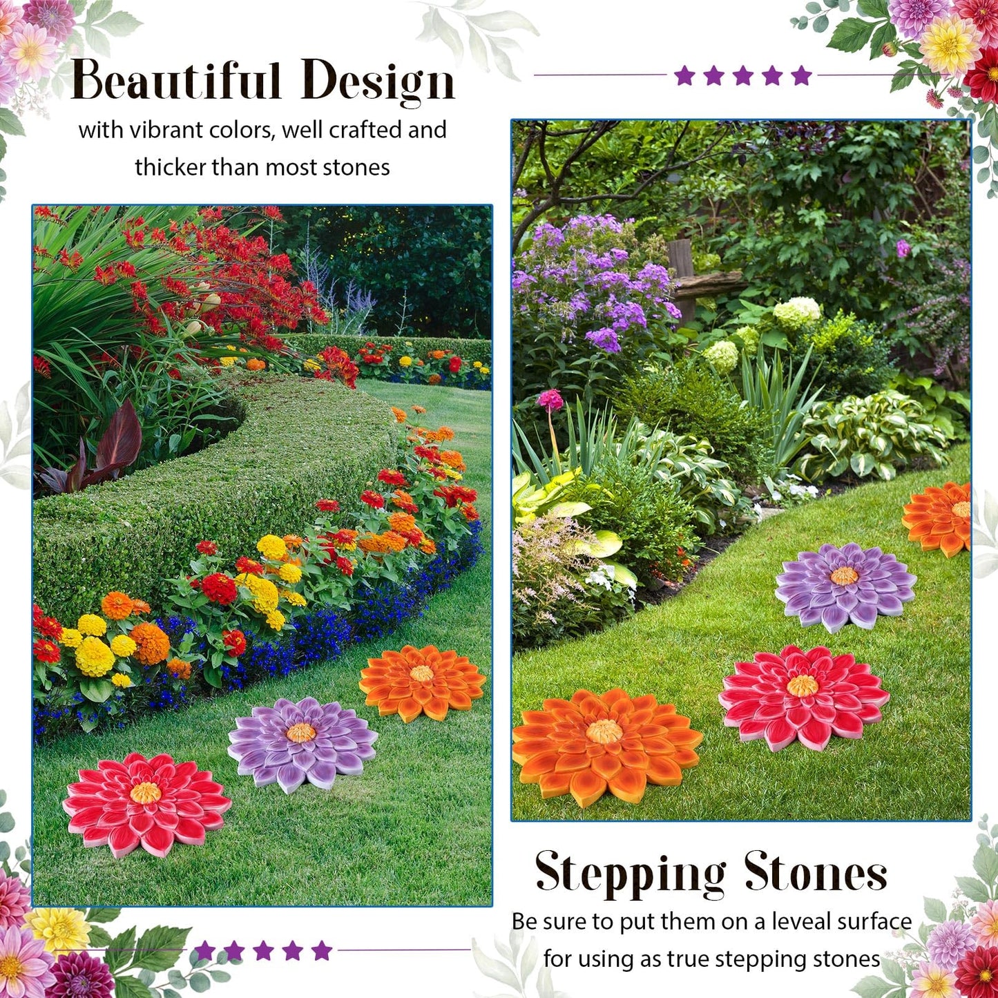 Cinnvoice 3 Pack Garden Stepping Stone Outdoor, Decorative Dimensional Resin Stepping Stones for Patio Pathway Landscaping Walkway Sculpture Yard Backyard Lawn(Dahlia,10 Inches)